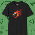 Eight Ball Inferno T-Shirt, front view, in Black your go-to shirt for league night victories