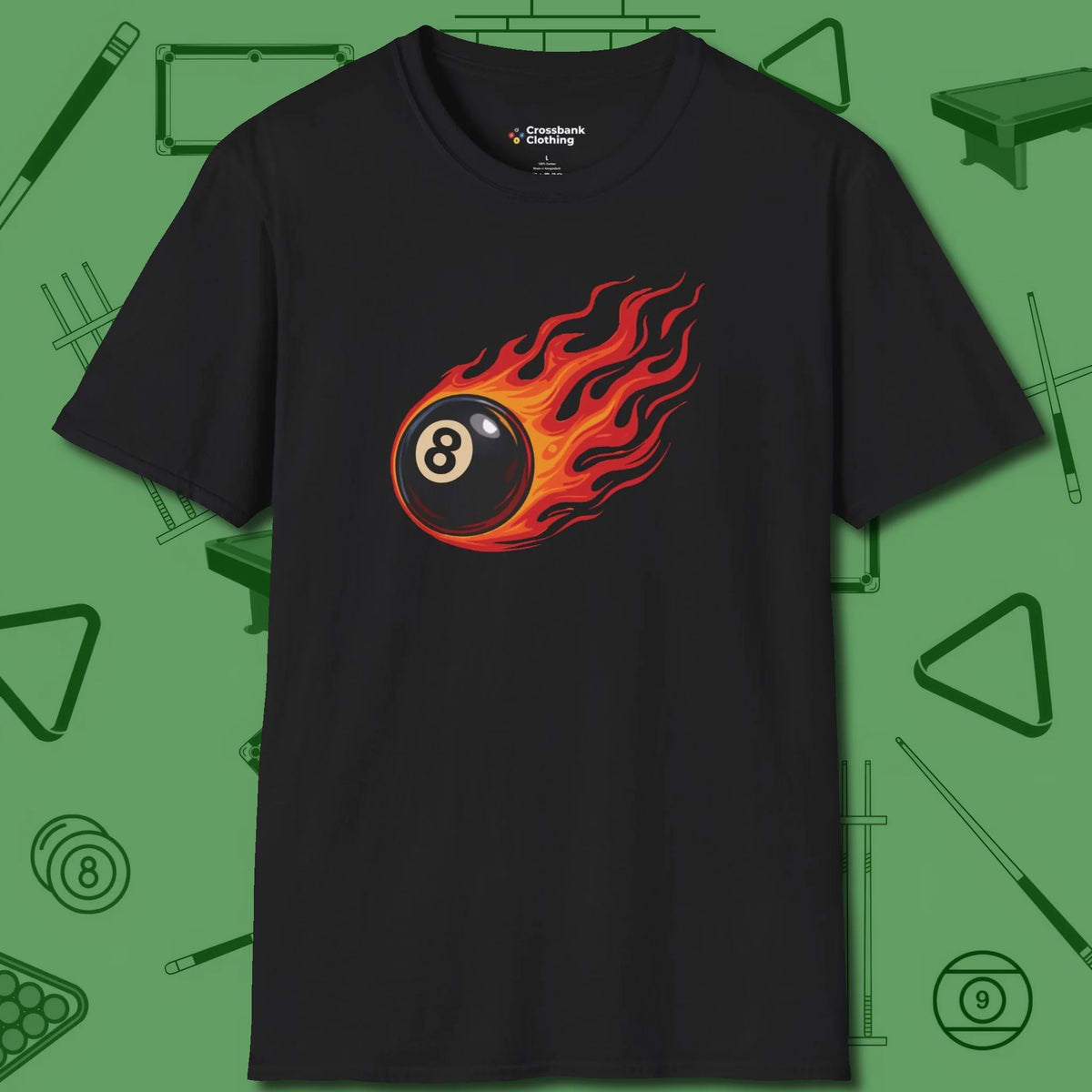 Eight Ball Inferno T-Shirt, front view, in Black your go-to shirt for league night victories