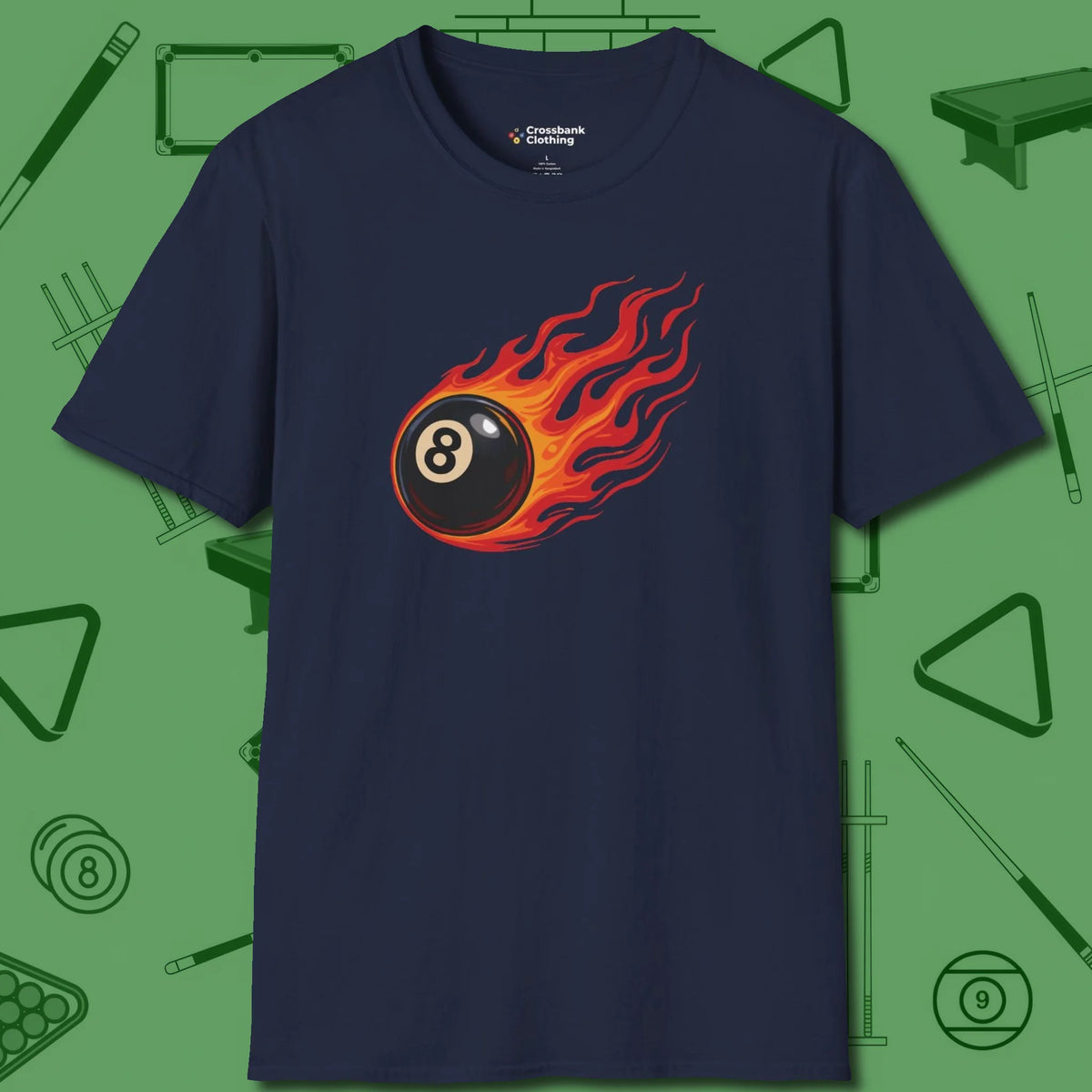 Eight Ball Inferno T-Shirt, front view, in Navy subtle drip for serious shooters