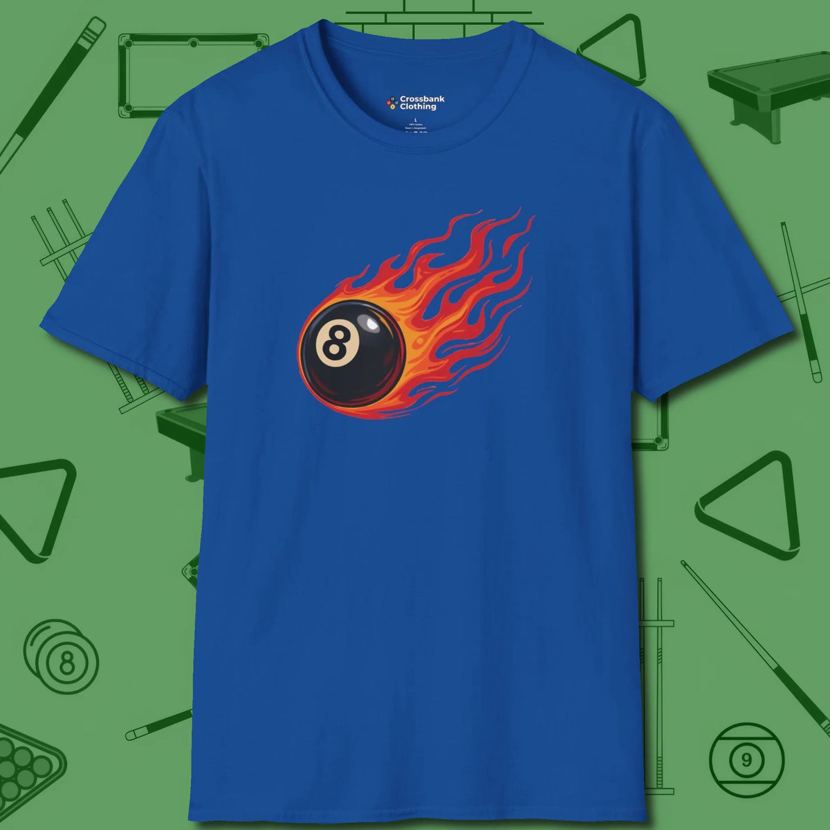 Eight Ball Inferno T-Shirt, front view, in Royal because you don’t just play — you represent