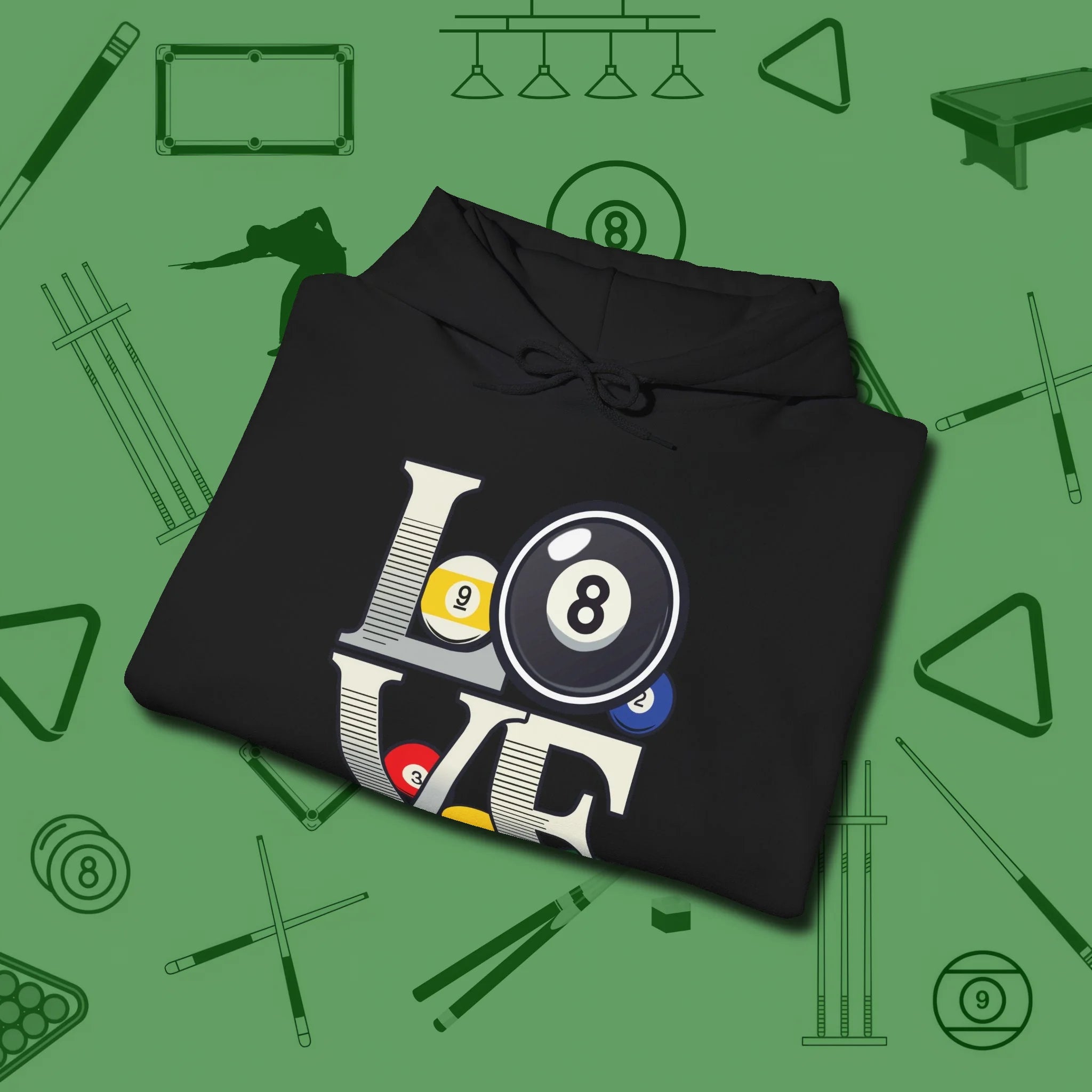 Eight Ball Love Hoodie, folded view, in Black helps your stroke and your style