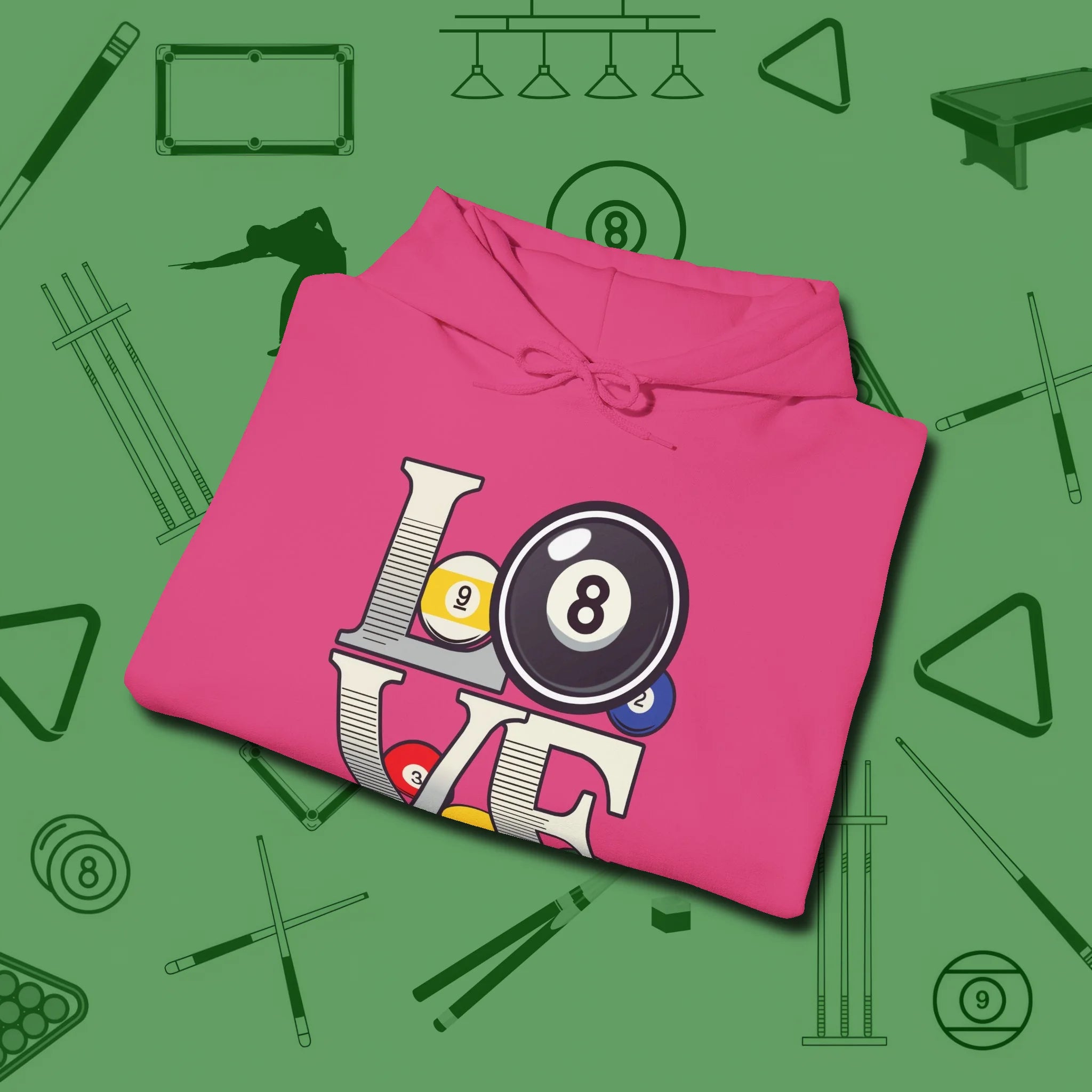 Eight Ball Love Hoodie, folded view, in Heliconia styled to dominate from rack to run-out