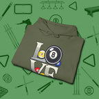 Eight Ball Love Hoodie, folded view, in Military Green the official uniform of the after-hours crew