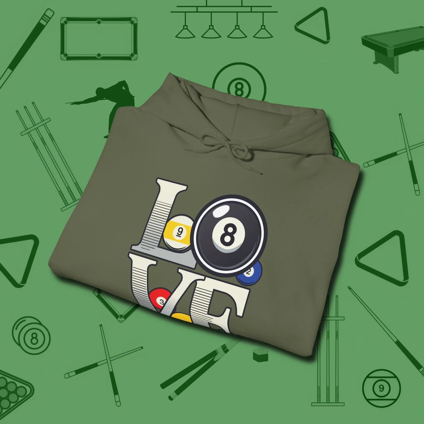 Eight Ball Love Hoodie, folded view, in Military Green the official uniform of the after-hours crew