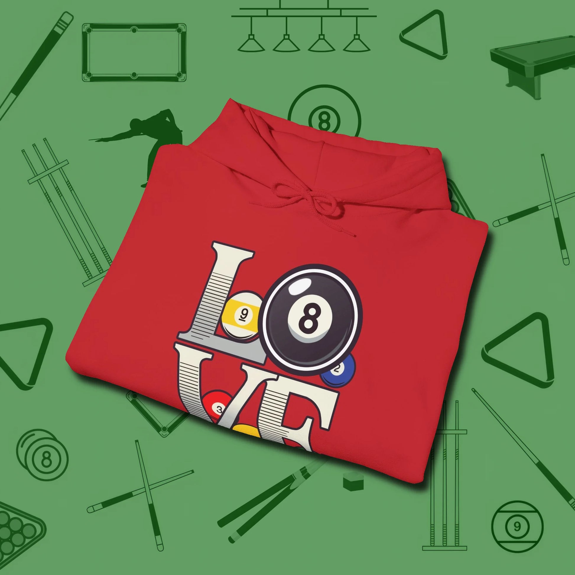 Eight Ball Love Hoodie, folded view, in Red cue up respect every time you wear it