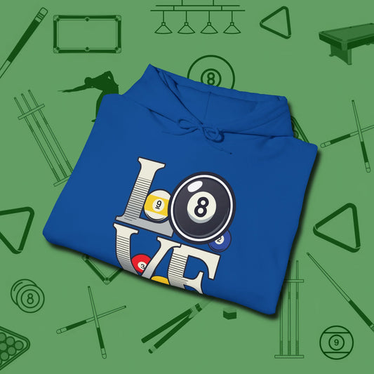 Eight Ball Love Hoodie, folded view, in Royal break, run out, turn heads — repeat