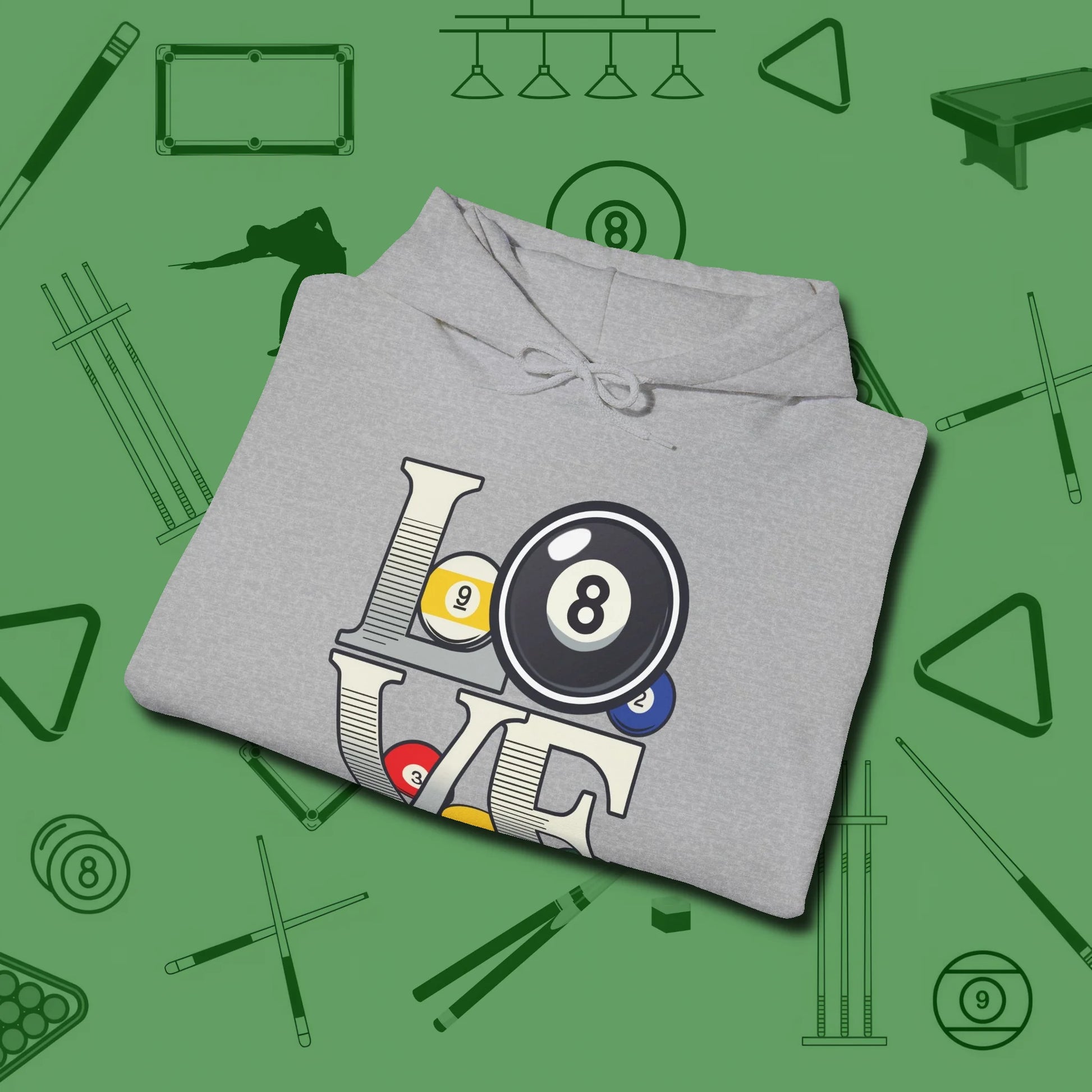 Eight Ball Love Hoodie, folded view, in Sport Grey styled to dominate from rack to run-out