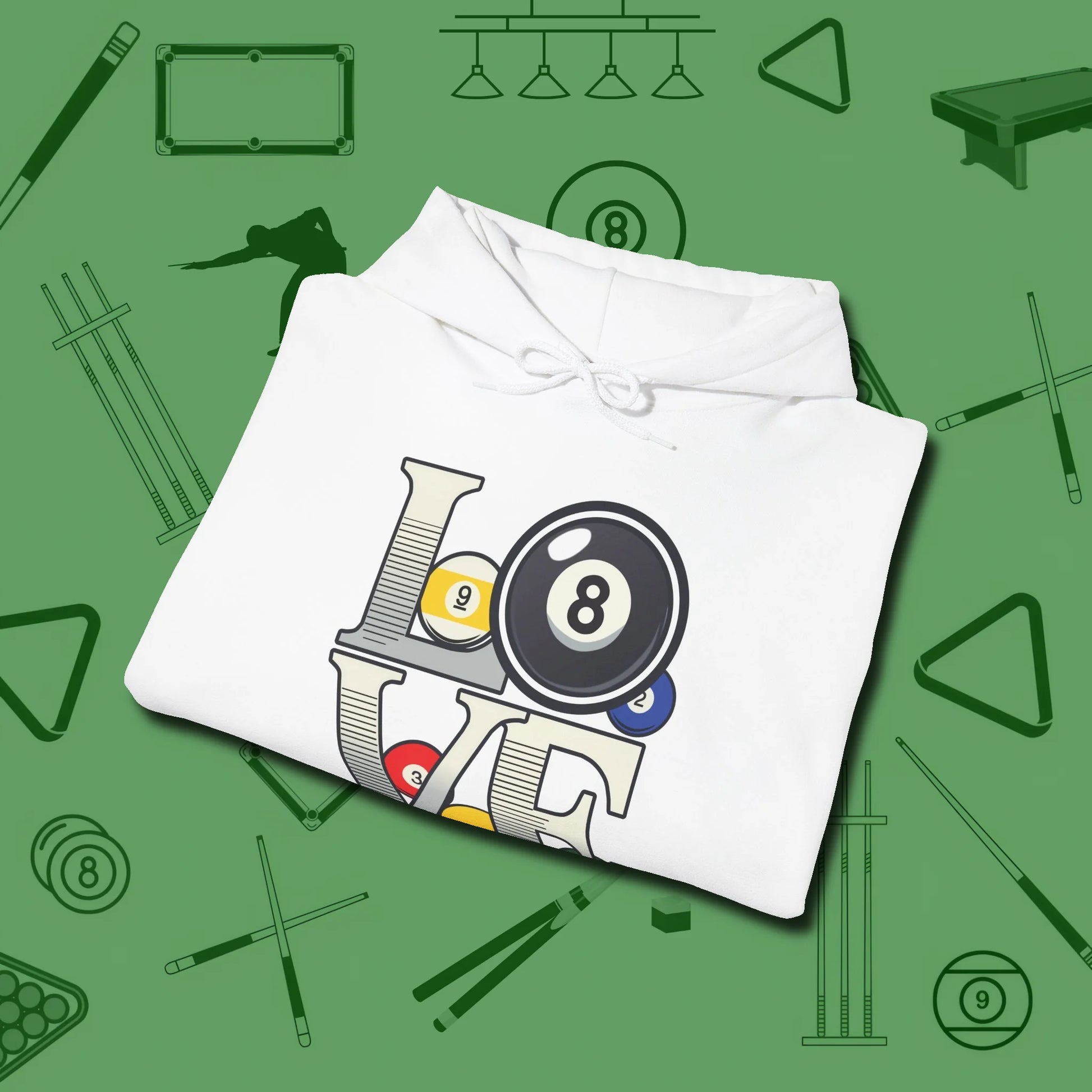 Eight Ball Love Hoodie, folded view, in White cue up respect every time you wear it