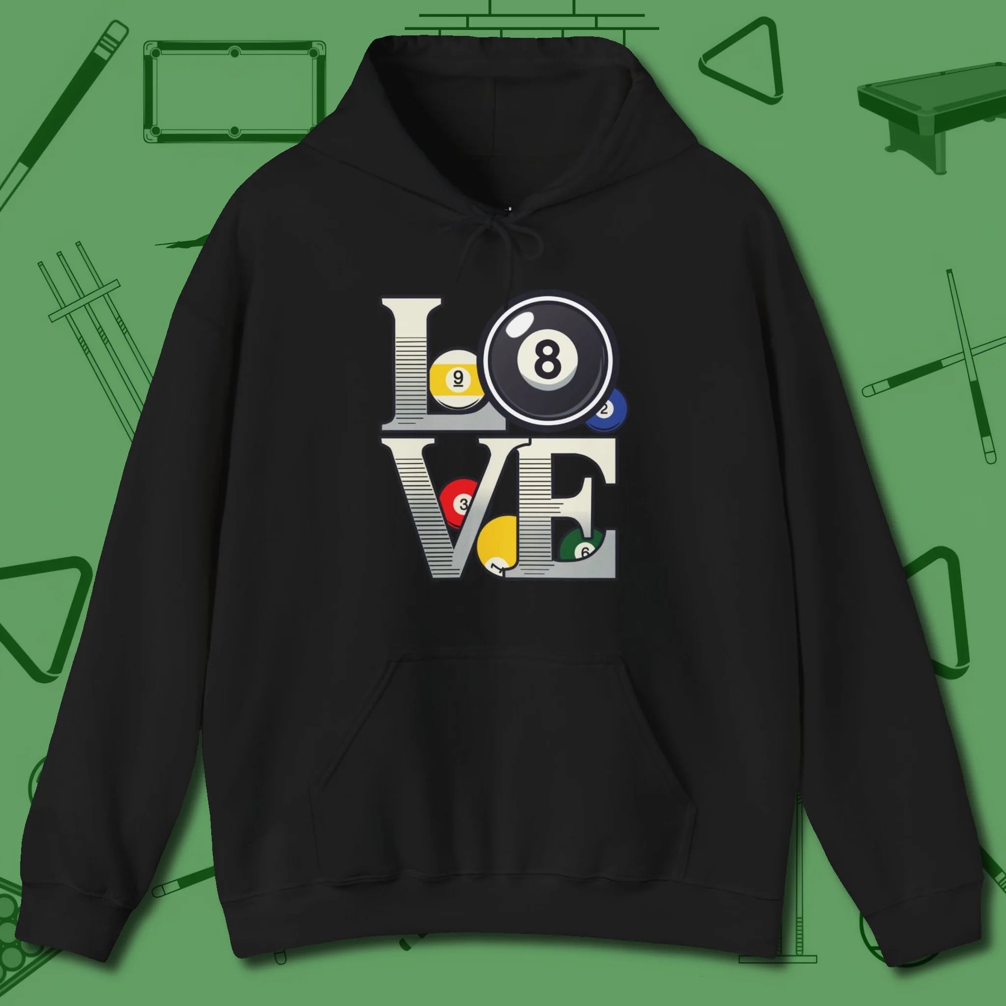 Eight Ball Love Hoodie, front view, in Black helps your stroke and your style