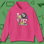 Eight Ball Love Hoodie, front view, in Heliconia style that banks as hard as you do