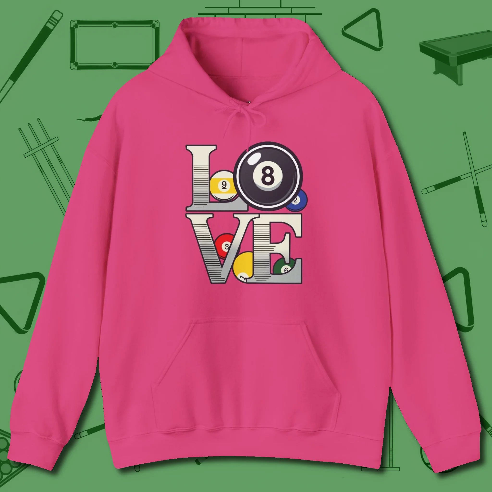 Eight Ball Love Hoodie, front view, in Heliconia style that banks as hard as you do