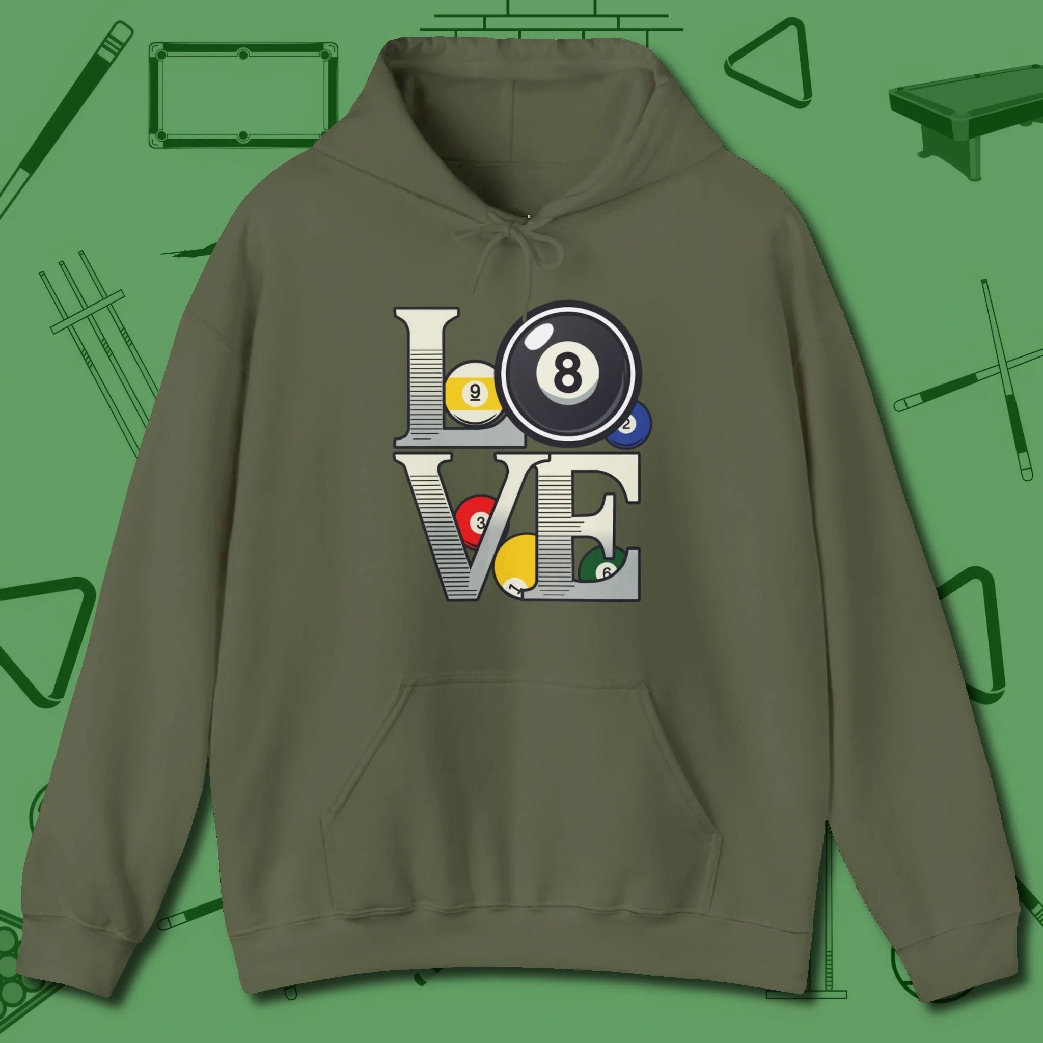 Eight Ball Love Hoodie, front view, in Military Green a clean fit for the dirtiest safeties