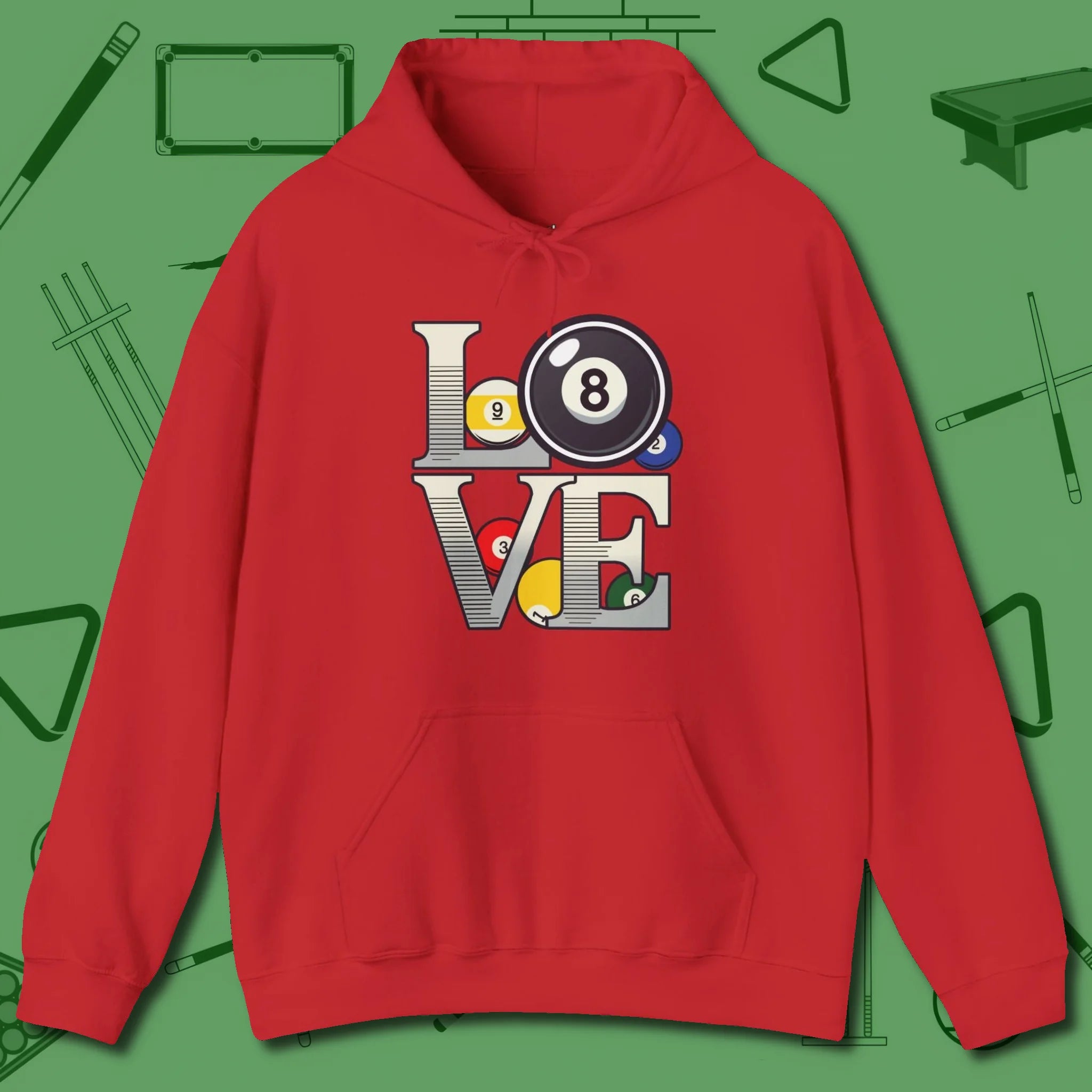 Eight Ball Love Hoodie, front view, in Red cue sports swagger done right