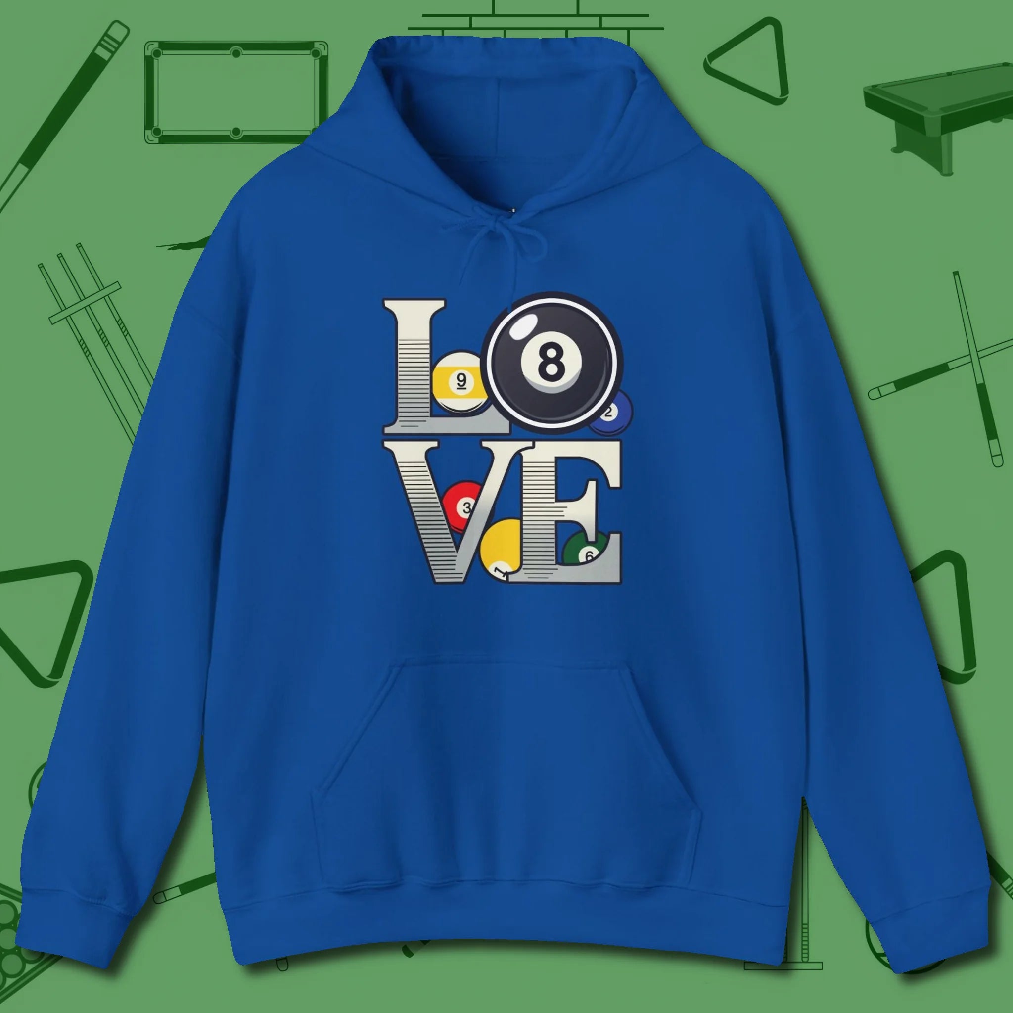 Eight Ball Love Hoodie, front view, in Royal smart enough for the felt and the street