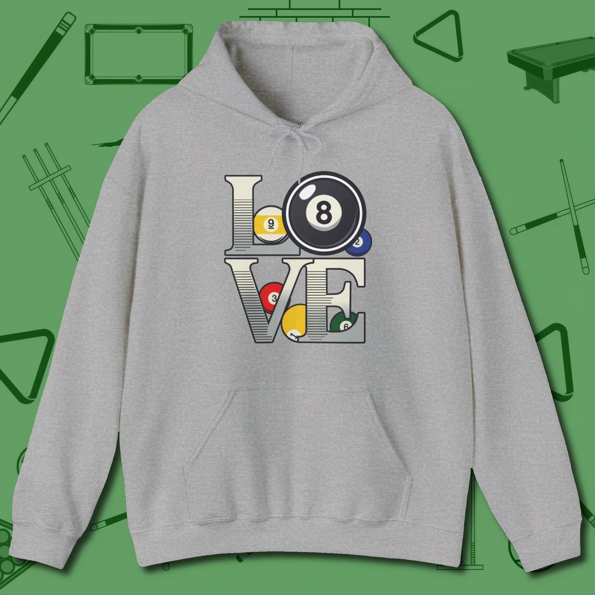 Eight Ball Love Hoodie, front view, in Sport Grey look good while calling your pocket