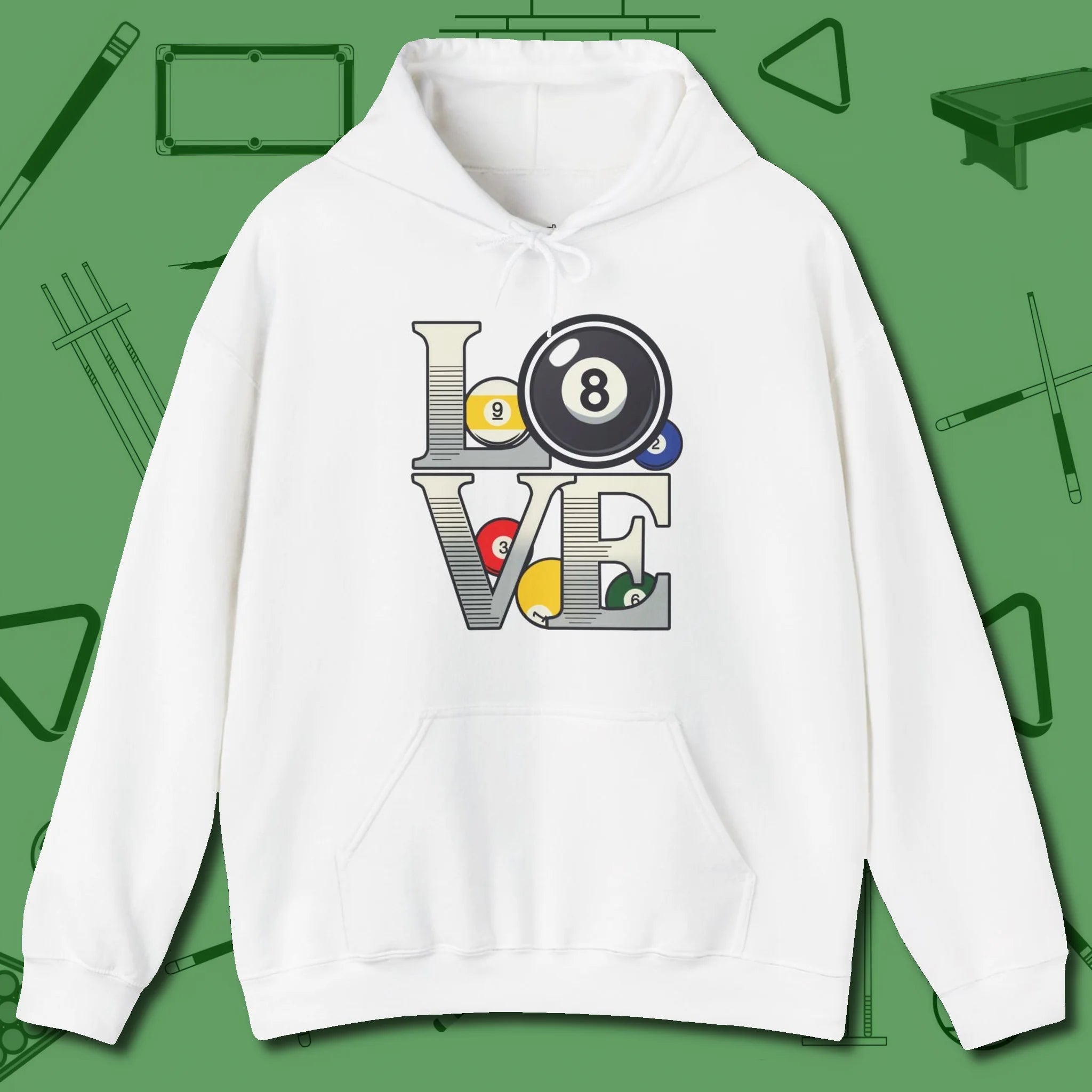 Eight Ball Love Hoodie, front view, in White because you don’t just play — you represent