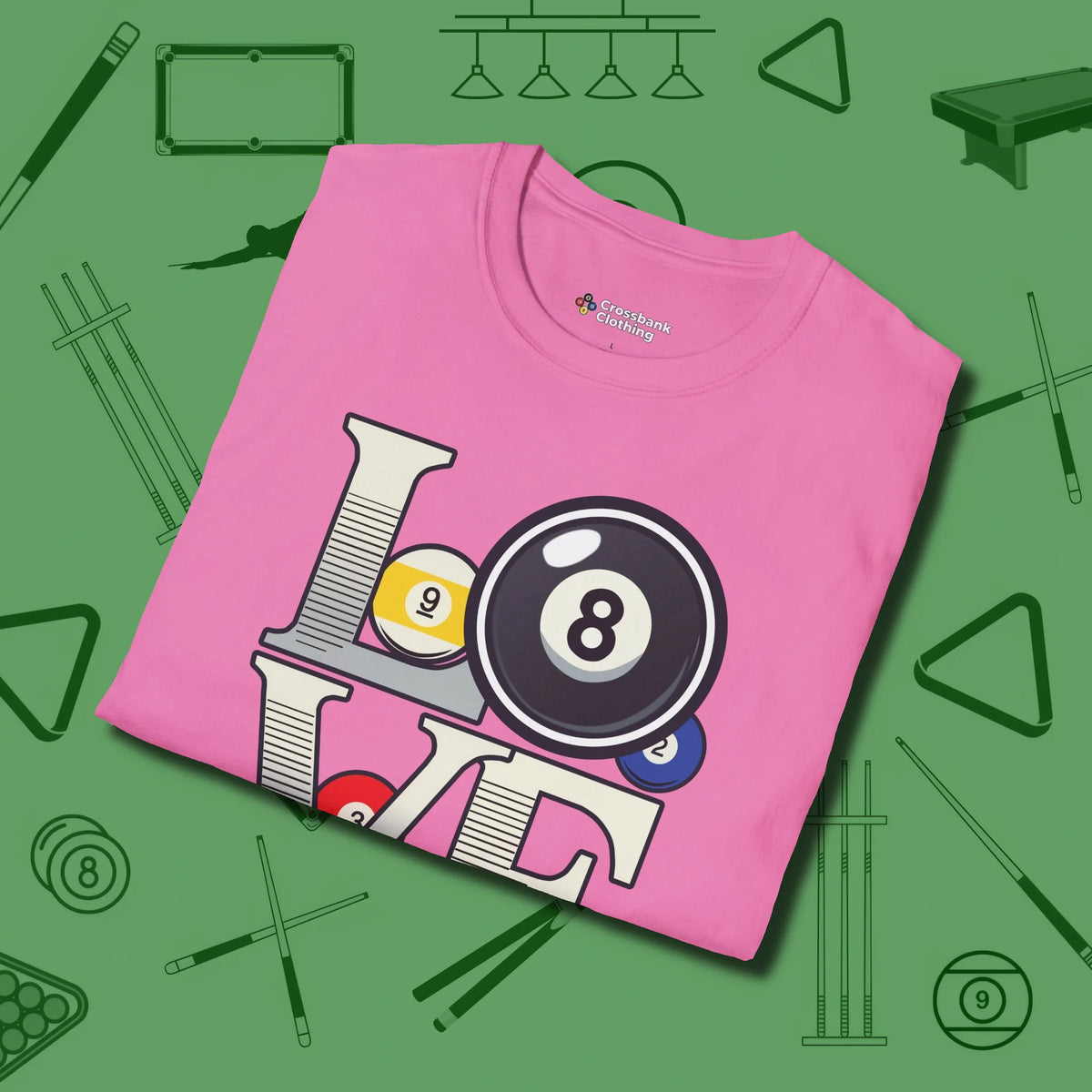 Eight Ball Love T-Shirt, folded view, in Azalea subtle drip for serious shooters