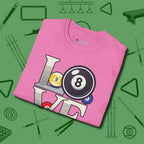 Eight Ball Love T-Shirt, folded view, in Azalea subtle drip for serious shooters