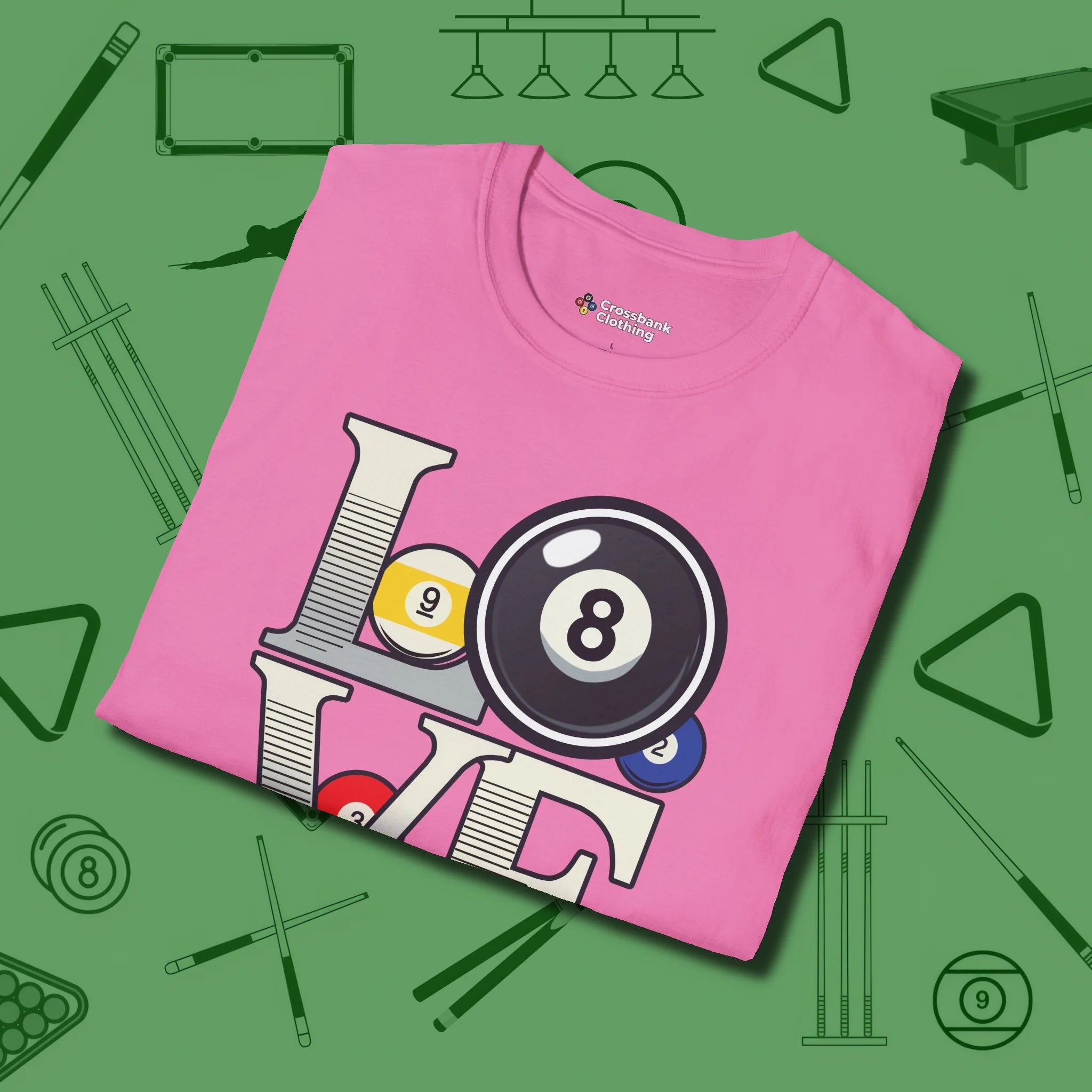 Eight Ball Love T-Shirt, folded view, in Azalea subtle drip for serious shooters