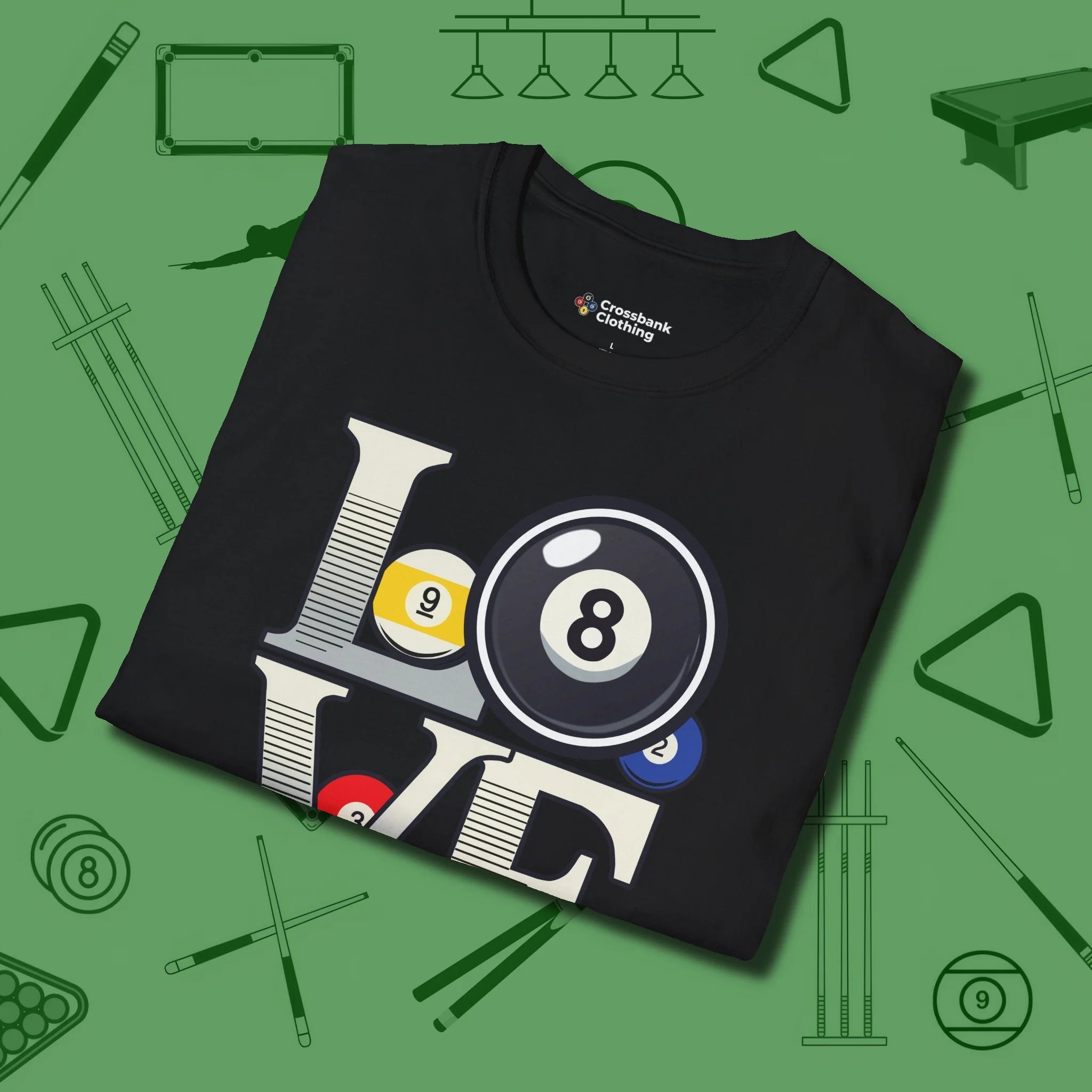 Eight Ball Love T-Shirt, folded view, in Black confidence stitched in every seam