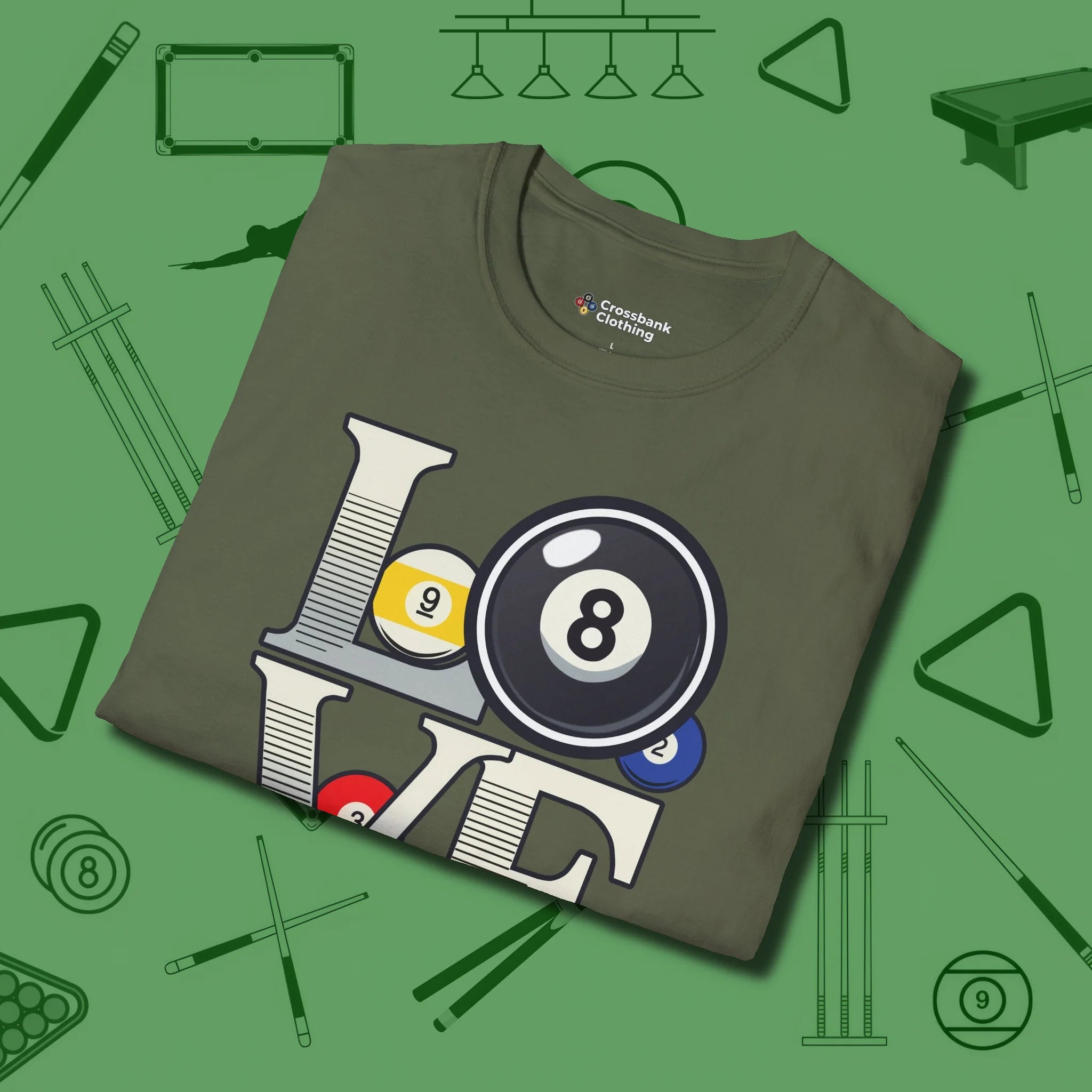 Eight Ball Love T-Shirt, folded view, in Military Green precise, confident, always in control