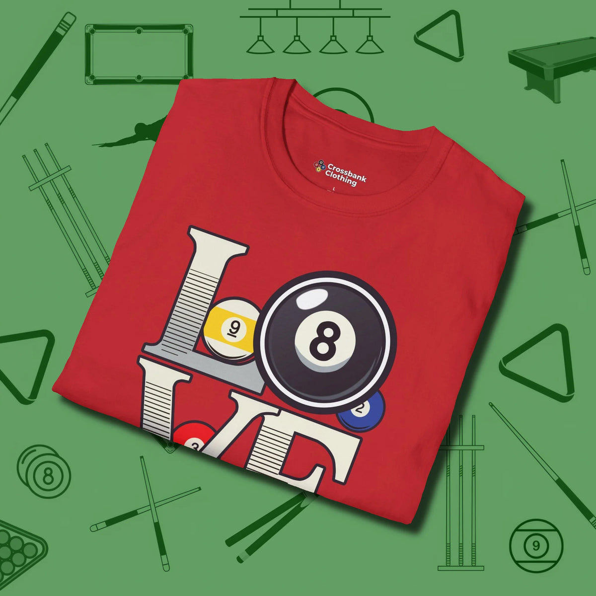 Eight Ball Love T-Shirt, folded view, in Red designed for dead stroke and deadpan looks