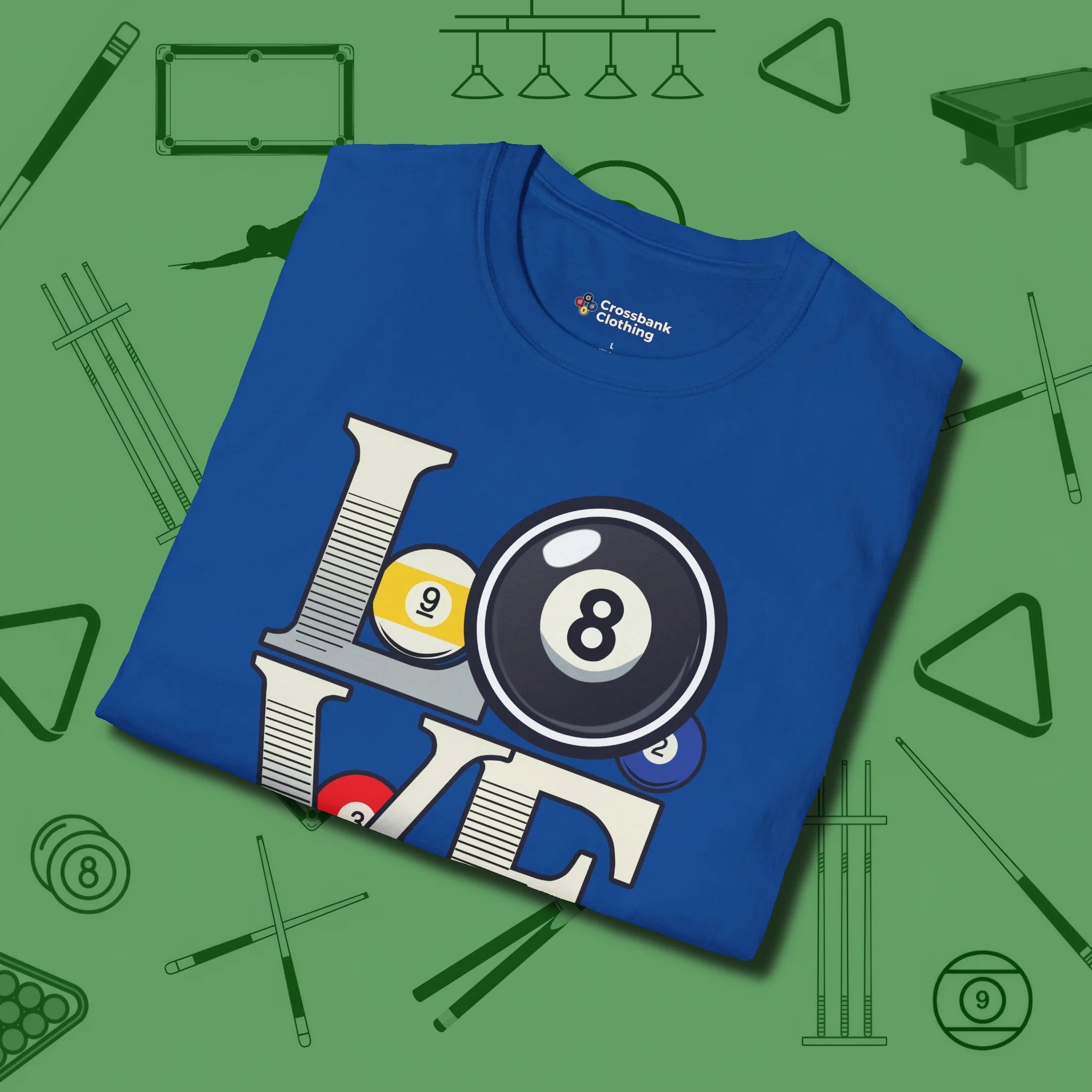 Eight Ball Love T-Shirt, folded view, in Royal the official uniform of the after-hours crew