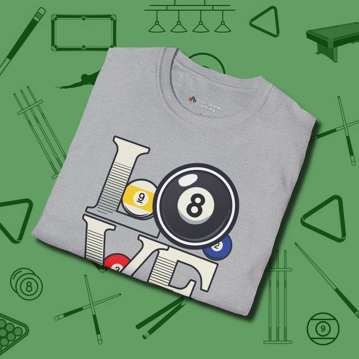 Eight Ball Love T-Shirt, folded view, in Sport Grey ideal for clean hits and clean fits