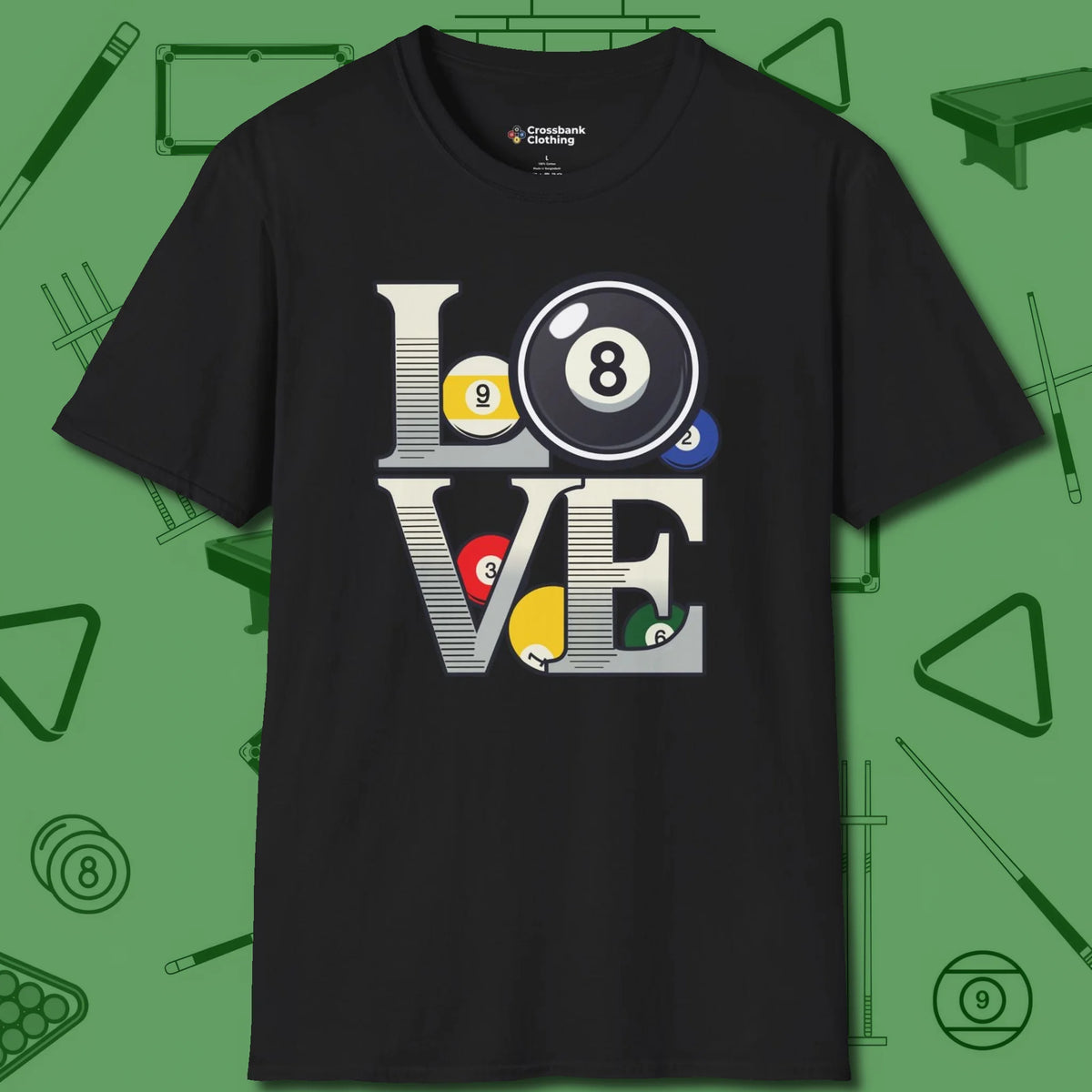 Eight Ball Love T-Shirt, front view, in Black for hustlers who keep it honest