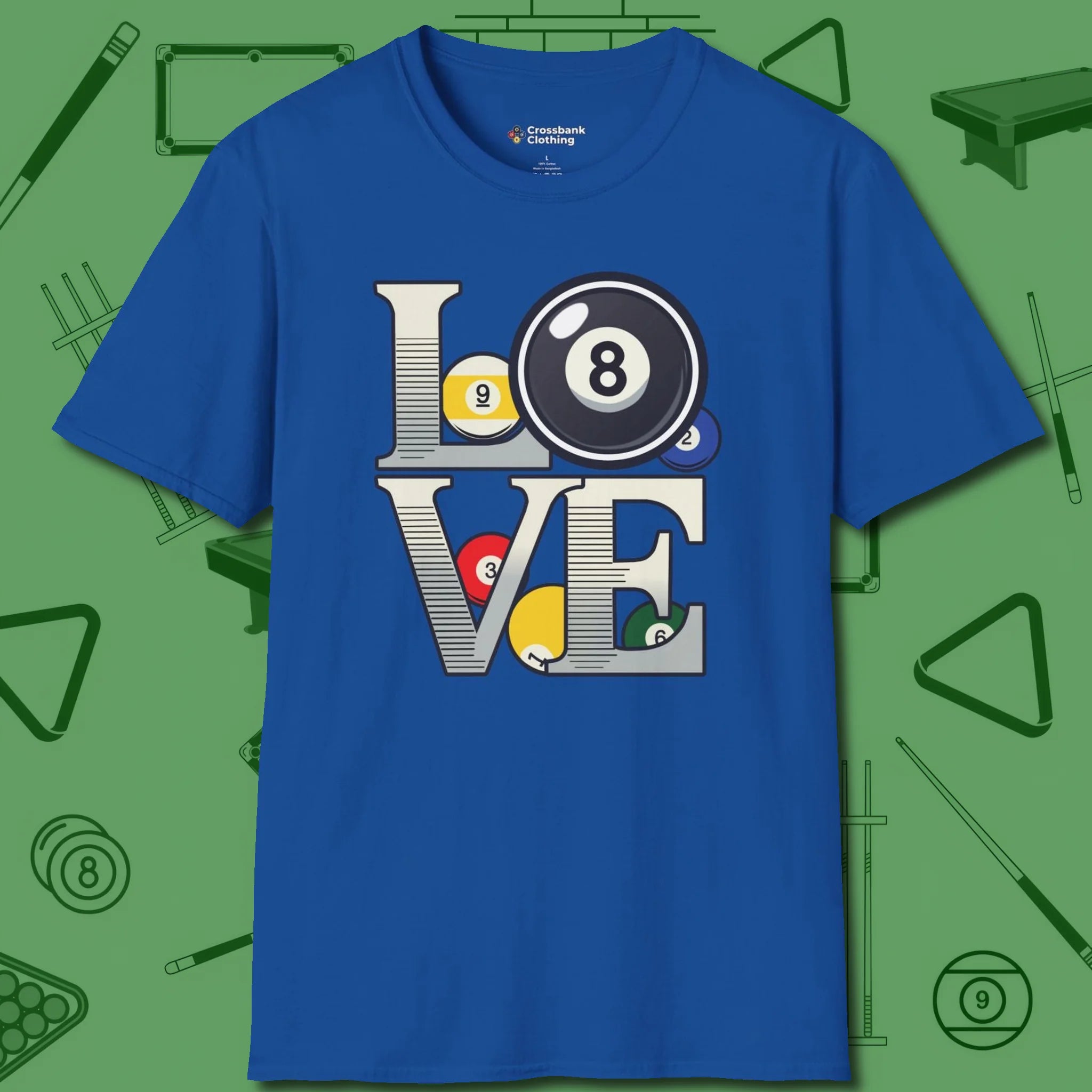 Eight Ball Love T-Shirt, front view, in Royal perfect for players with quiet fire