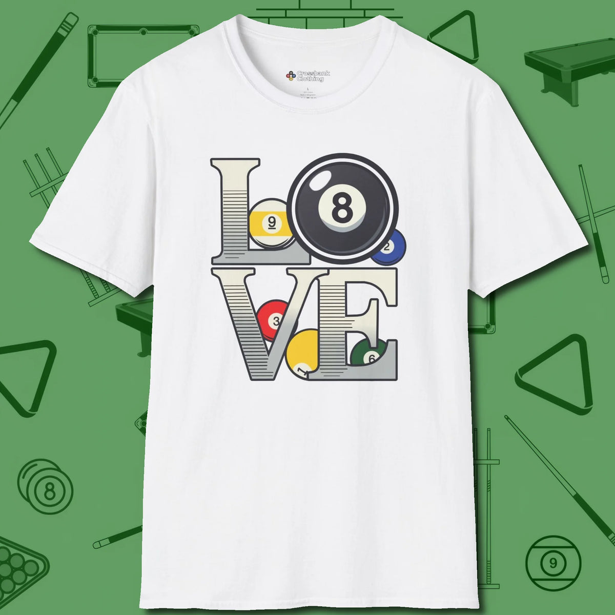 Eight Ball Love T-Shirt, front view, in White put your best game on display