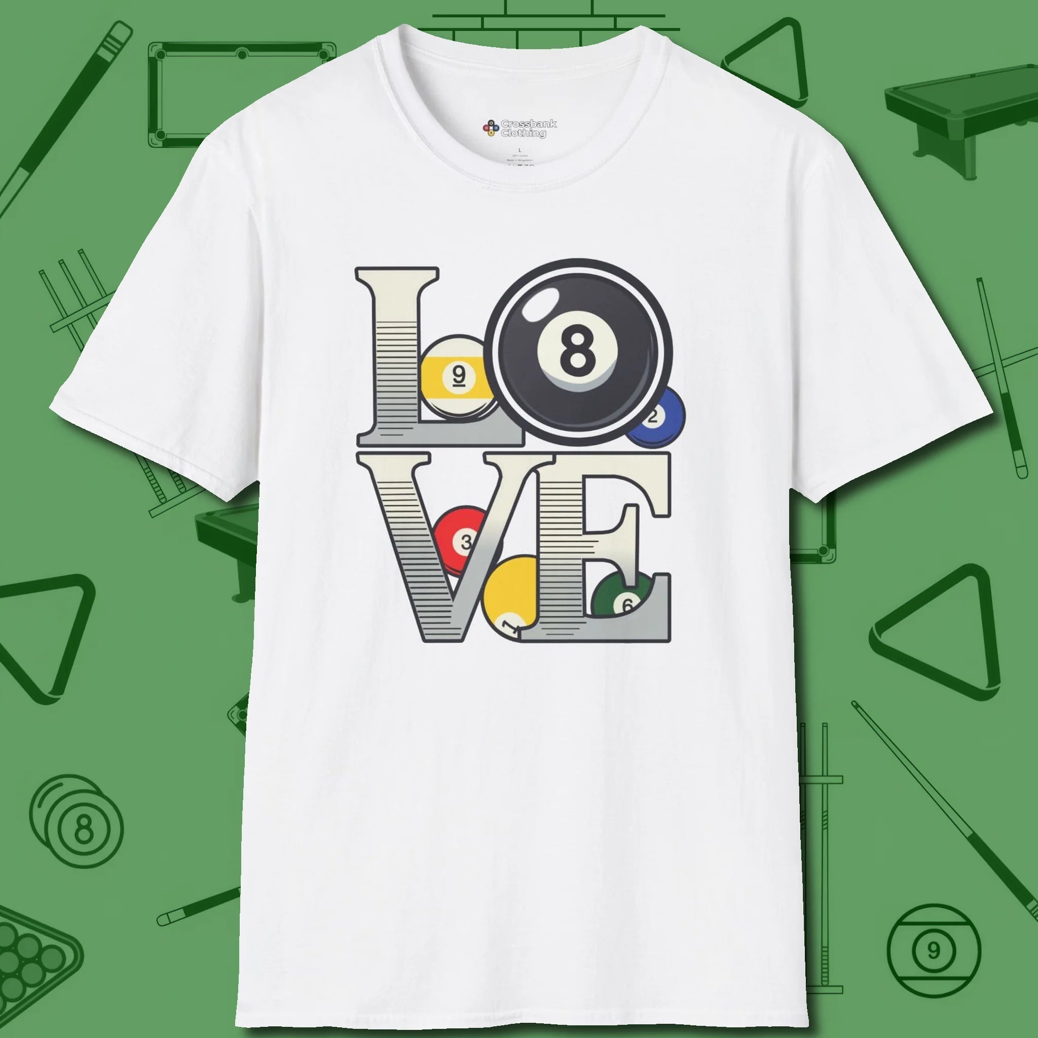 Eight Ball Love T-Shirt, front view, in White put your best game on display
