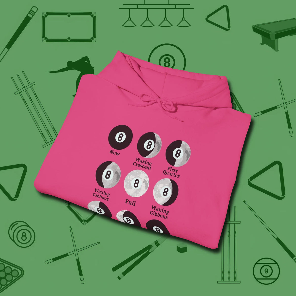 Eight ball Moon Phases Hoodie, folded view, in Heliconia put your best game on display