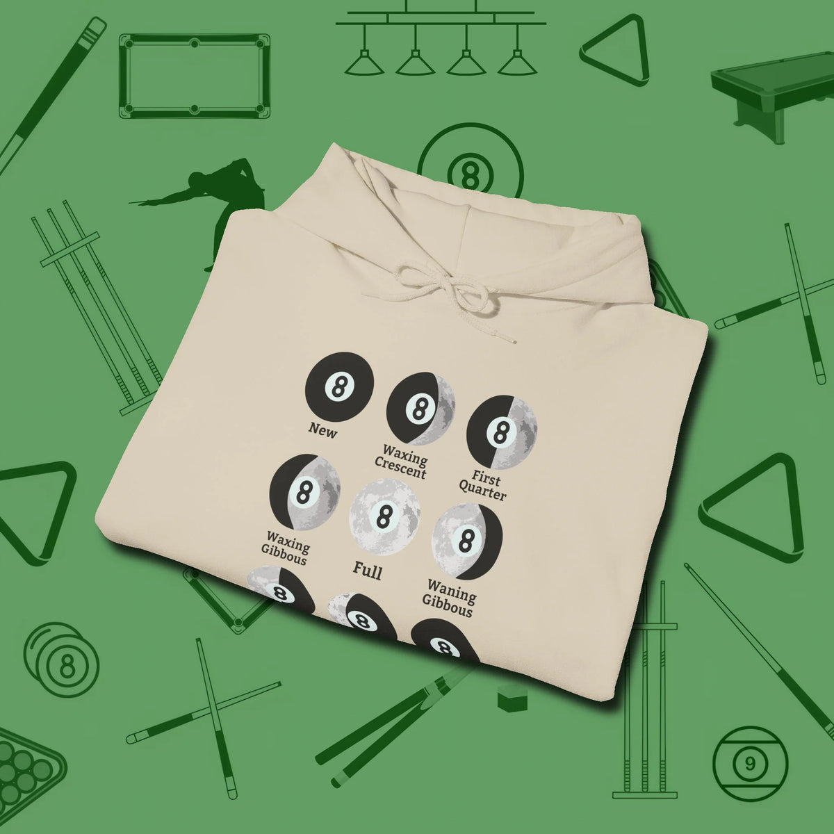 Eight ball Moon Phases Hoodie, folded view, in Sand a clean fit for the dirtiest safeties