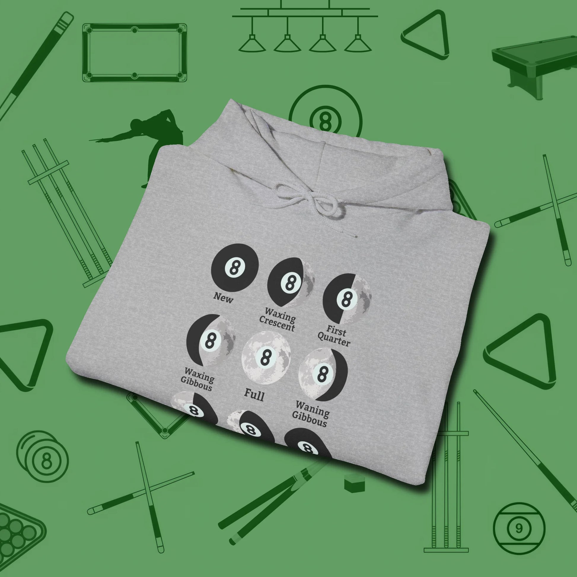 Eight ball Moon Phases Hoodie, folded view, in Sport Grey subtle drip for serious shooters