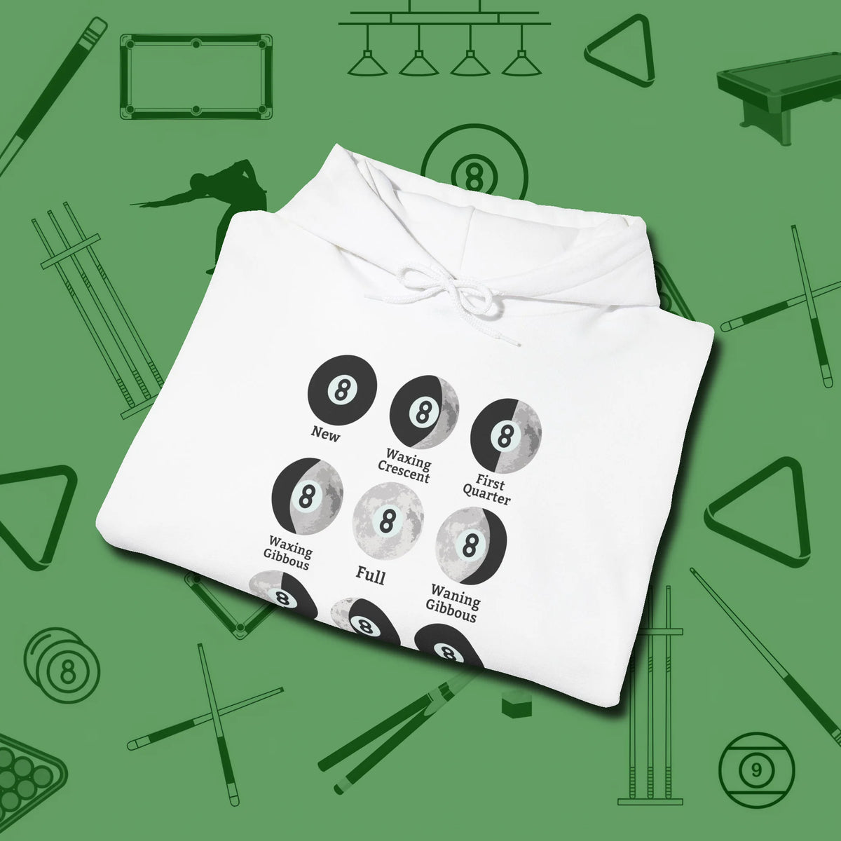 Eight ball Moon Phases Hoodie, folded view, in White from chalk to clutch, look the part