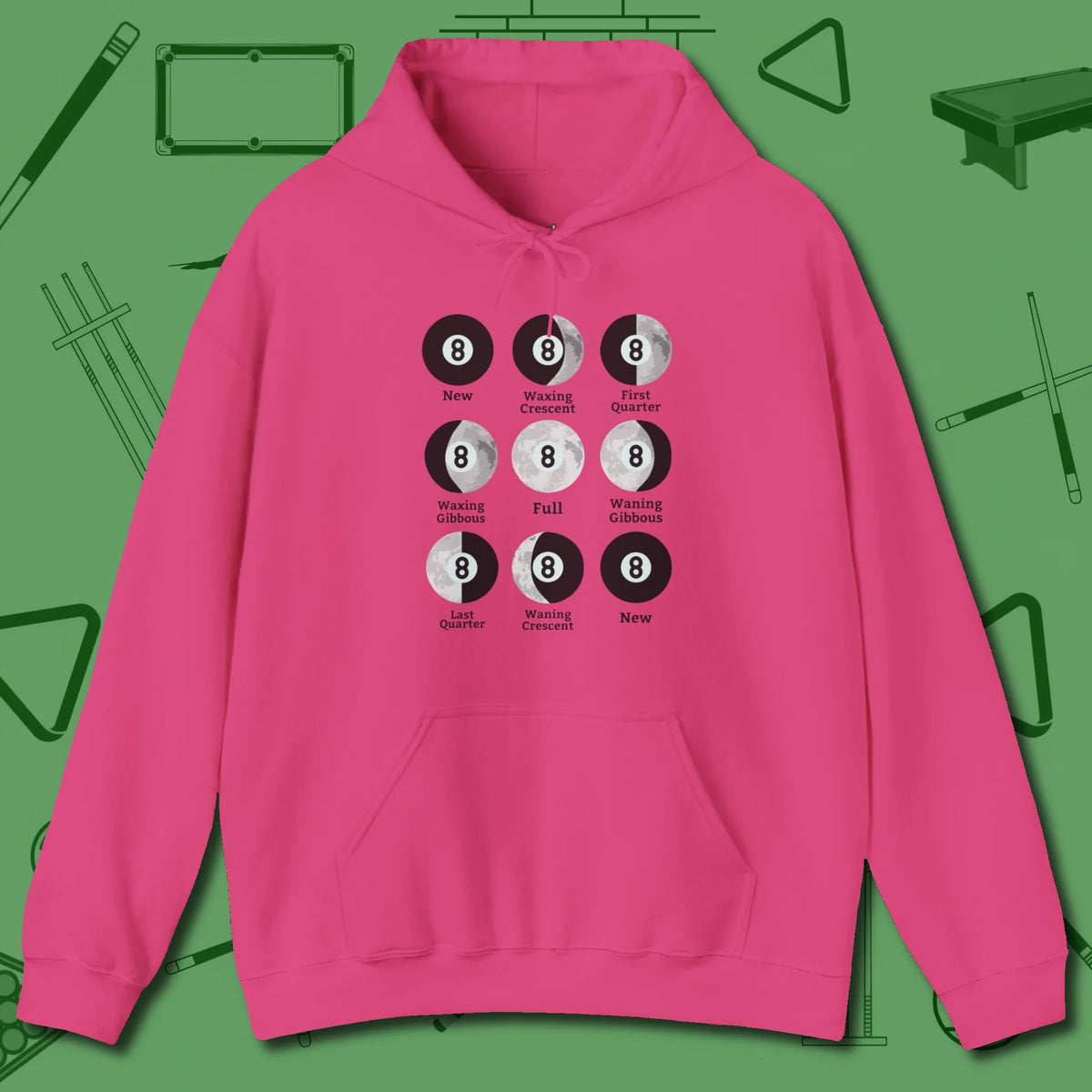 Eight ball Moon Phases Hoodie, front view, in Heliconia your secret weapon off the table