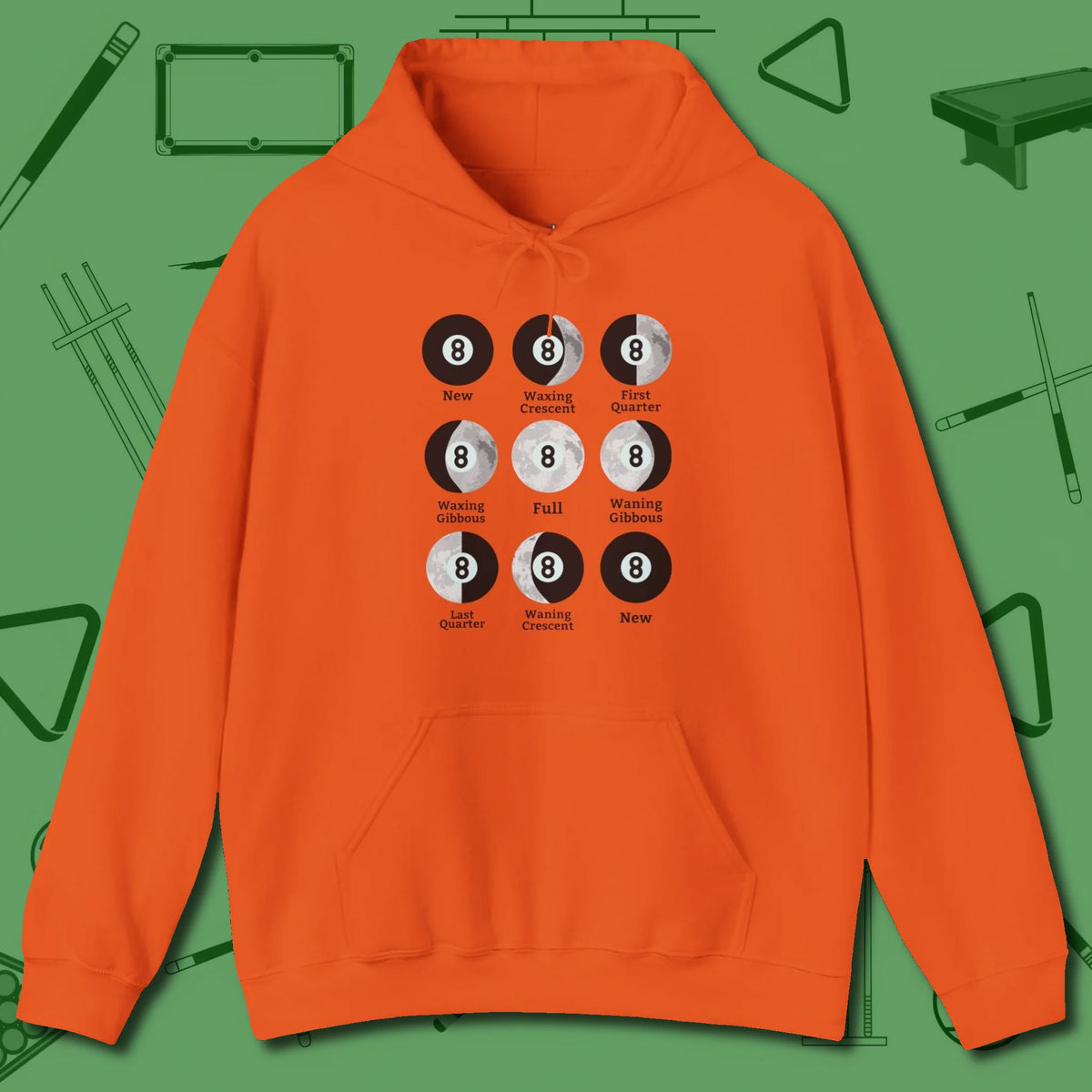 Eight ball Moon Phases Hoodie, front view, in Orange because pool isn’t just a game — it’s who you are