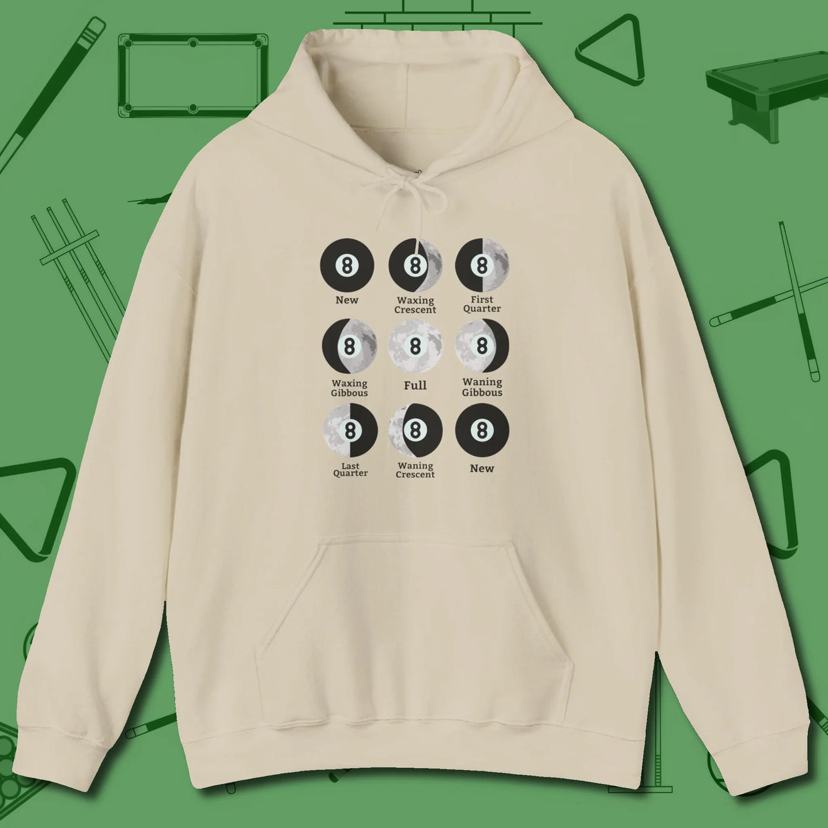 Eight ball Moon Phases Hoodie, front view, in Sand perfect for players with quiet fire