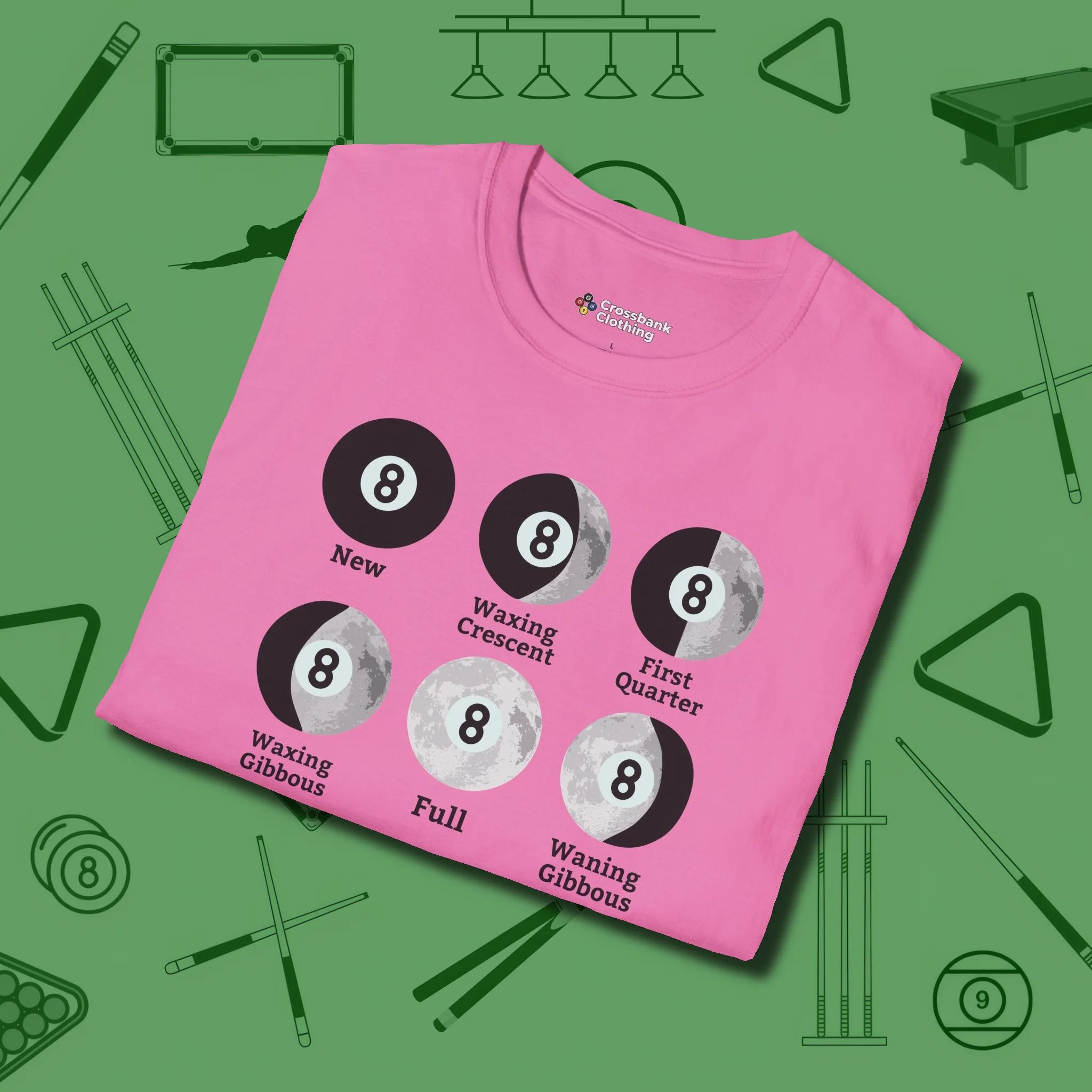 Eight ball Moon Phases T-Shirt, folded view, in Azalea smart apparel for strategic players