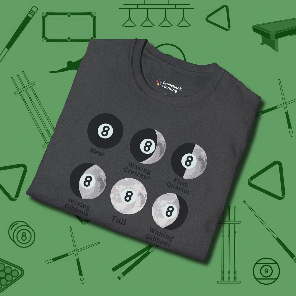 Eight ball Moon Phases T-Shirt, folded view, in Dark Heather ideal for clean hits and clean fits