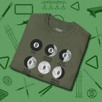 Eight ball Moon Phases T-Shirt, folded view, in Military Green perfect for players with quiet fire