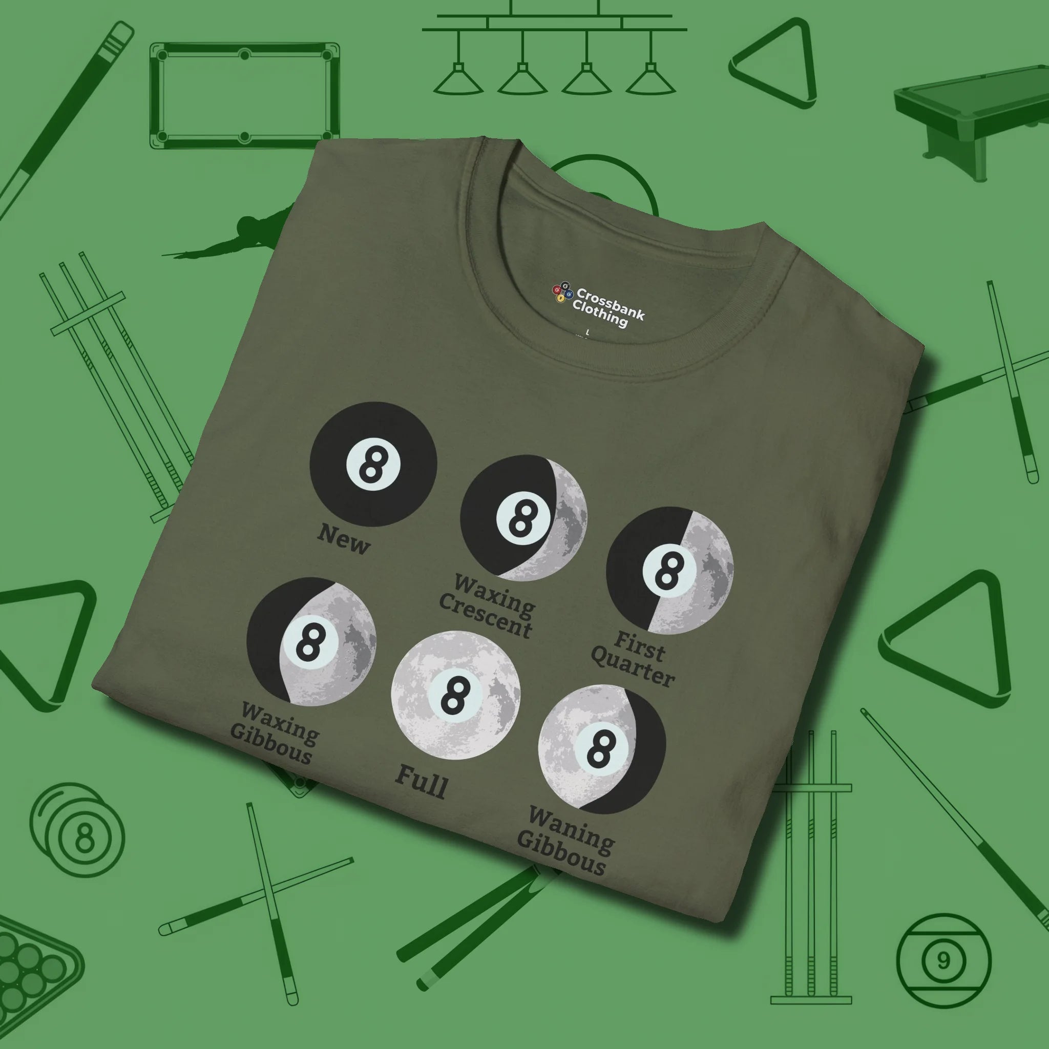 Eight ball Moon Phases T-Shirt, folded view, in Military Green perfect for players with quiet fire