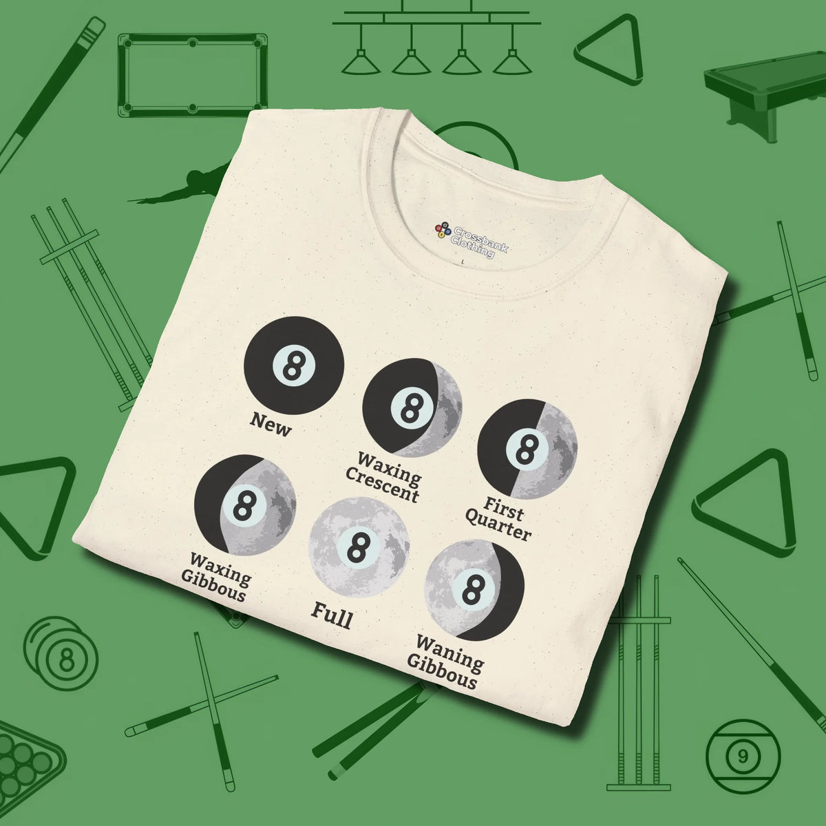 Eight ball Moon Phases T-Shirt, folded view, in Natural make every shot — and outfit — count