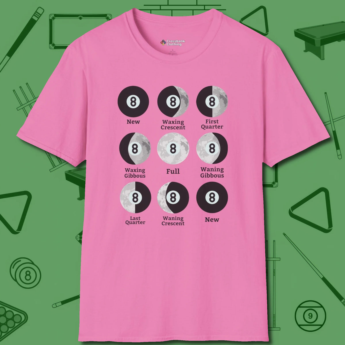 Eight ball Moon Phases T-Shirt, front view, in Azalea not your average 8-ball graphic tee