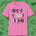 Eight ball Moon Phases T-Shirt, front view, in Azalea not your average 8-ball graphic tee