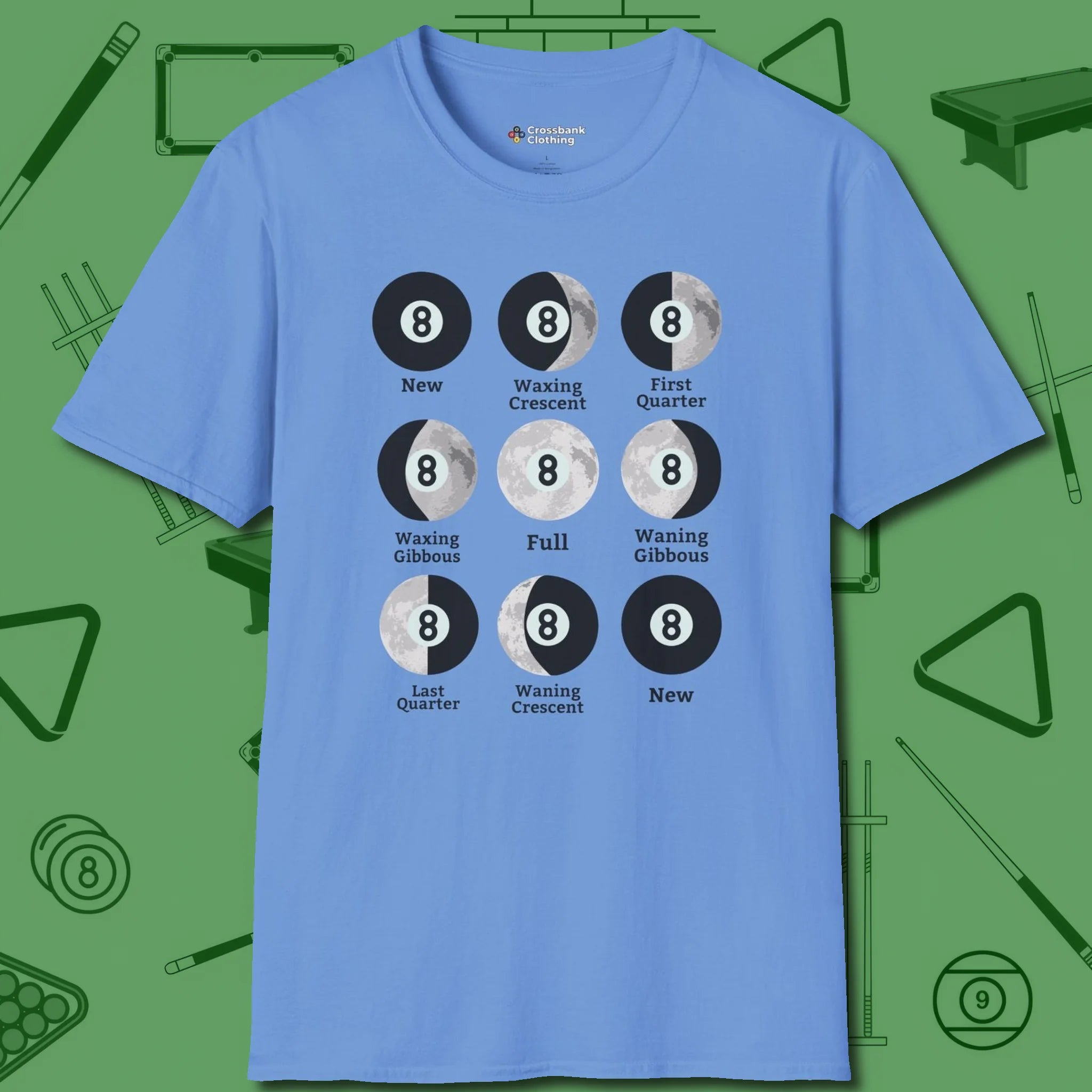 Eight ball Moon Phases T-Shirt, front view, in Carolina Blue styled to dominate from rack to run-out