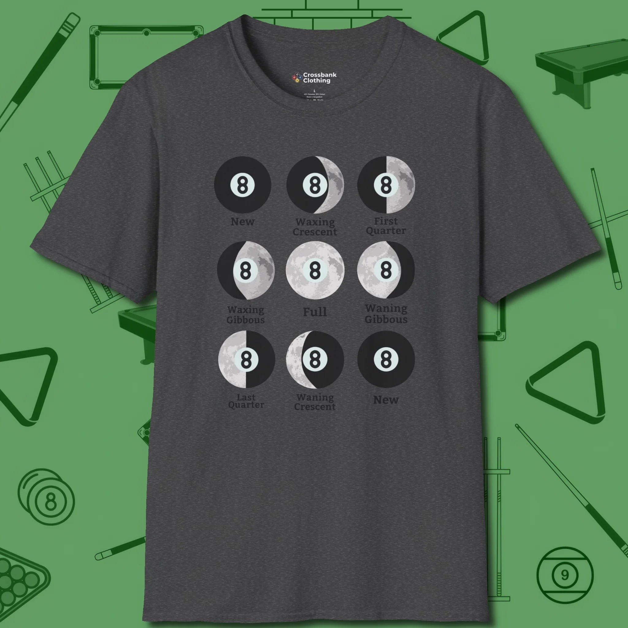 Eight ball Moon Phases T-Shirt, front view, in Dark Heather your secret weapon off the table