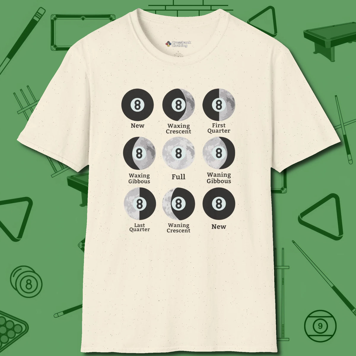 Eight ball Moon Phases T-Shirt, front view, in Natural your go-to shirt for league night victories