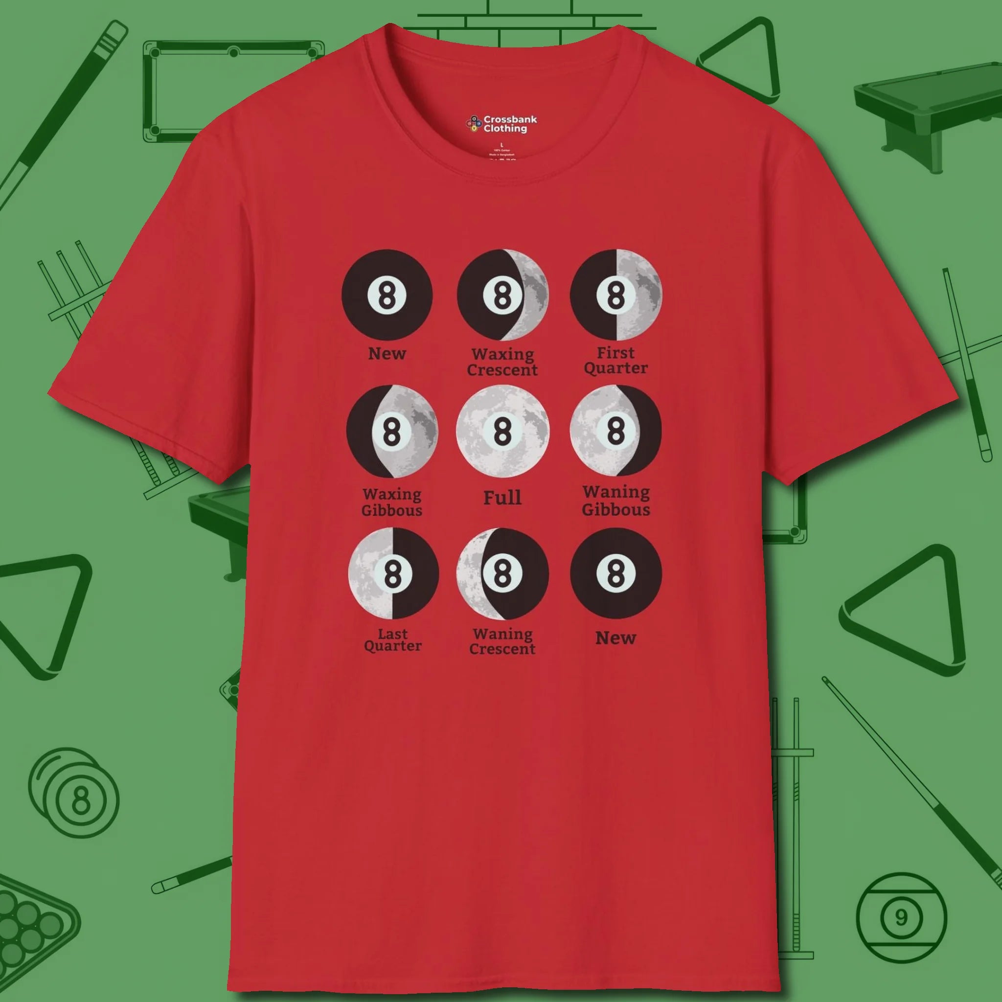 Eight ball Moon Phases T-Shirt, front view, in Red the shirt that plays position